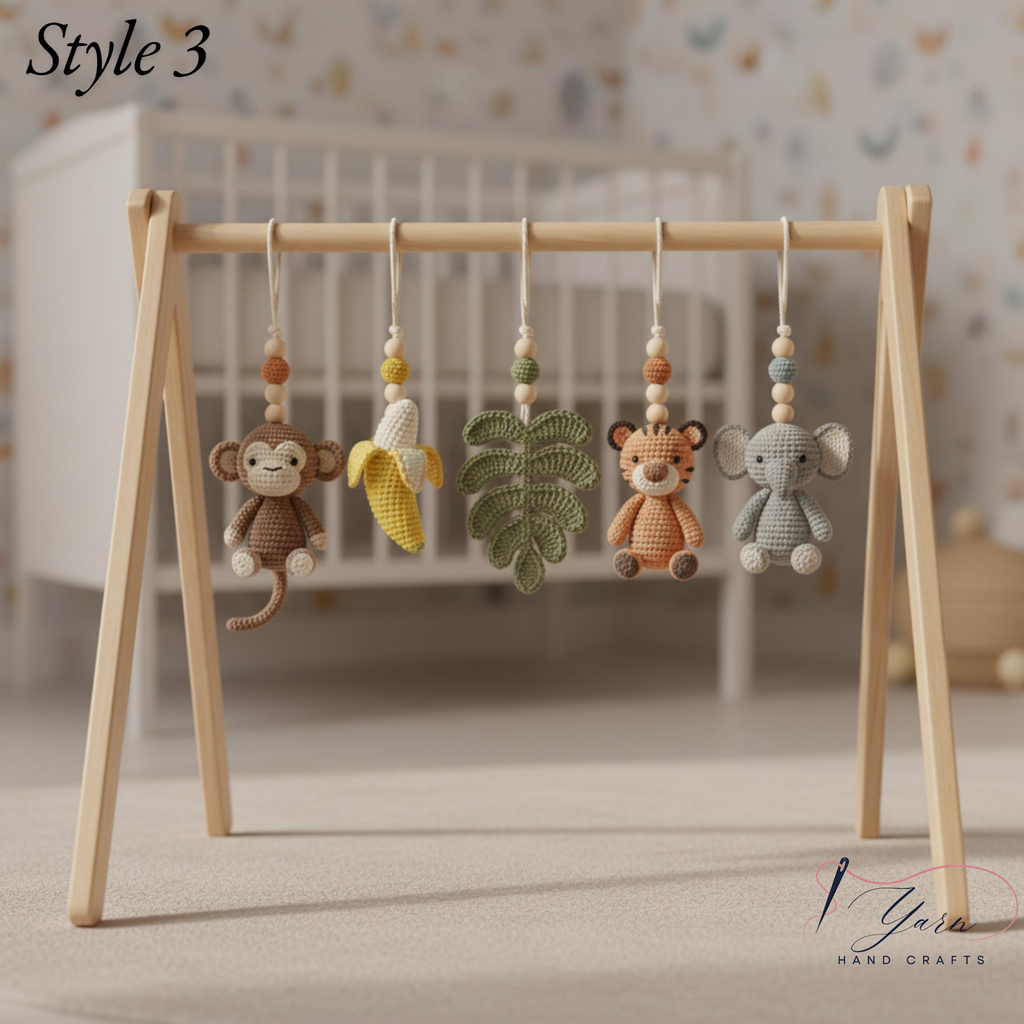 Safari Baby Gym | Handmade Wooden Play Gym with Crochet Elephant, Tiger, Monkey and Sloth Toys | Montessori Jungle Nursery Decor | Baby Shower Gift