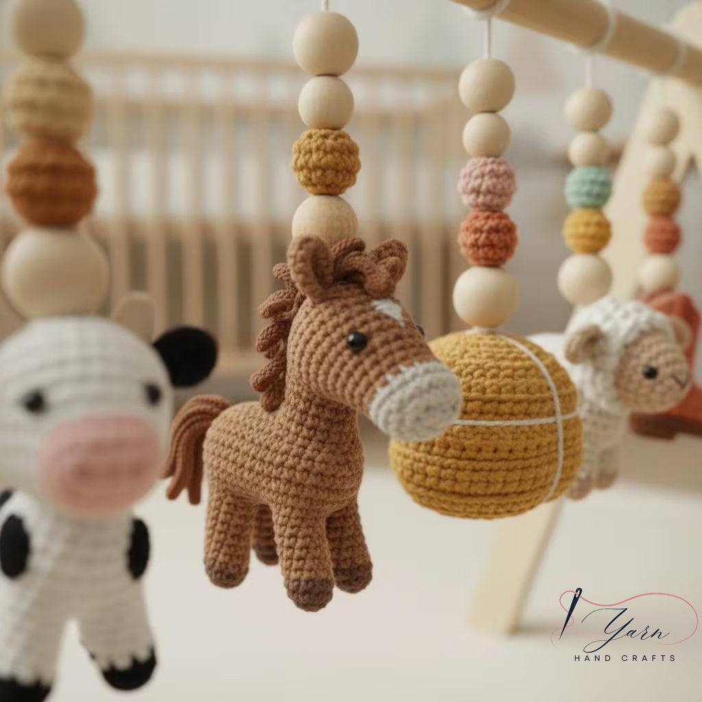Farm Baby Gym | Handmade Wooden Play Gym with Crochet Cow, Horse, Sheep & Cowboy Boot | Montessori Baby Activity Gym | Farm Nursery Decor | Baby Shower Gift