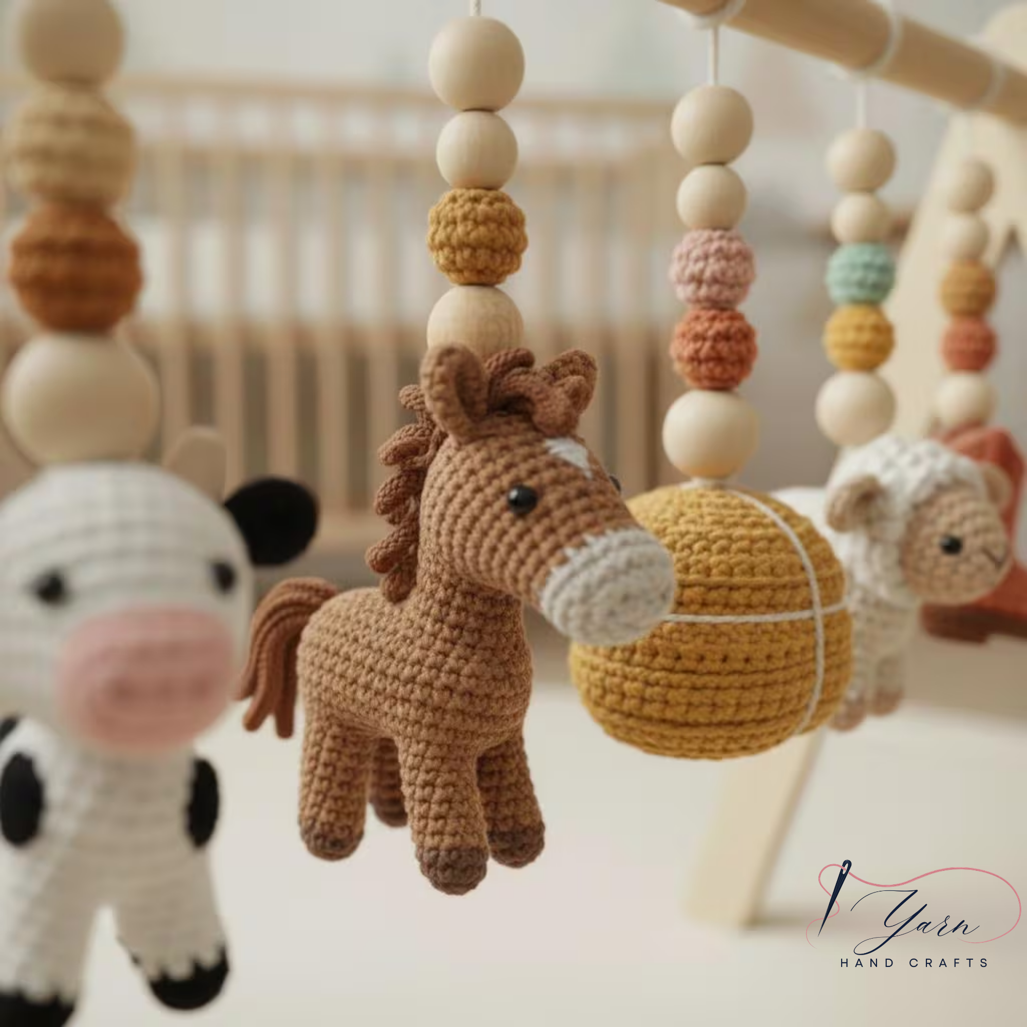 Farm Baby Gym | Handmade Wooden Play Gym with Crochet Cow, Horse, Sheep & Cowboy Boot | Montessori Baby Activity Gym | Farm Nursery Decor | Baby Shower Gift