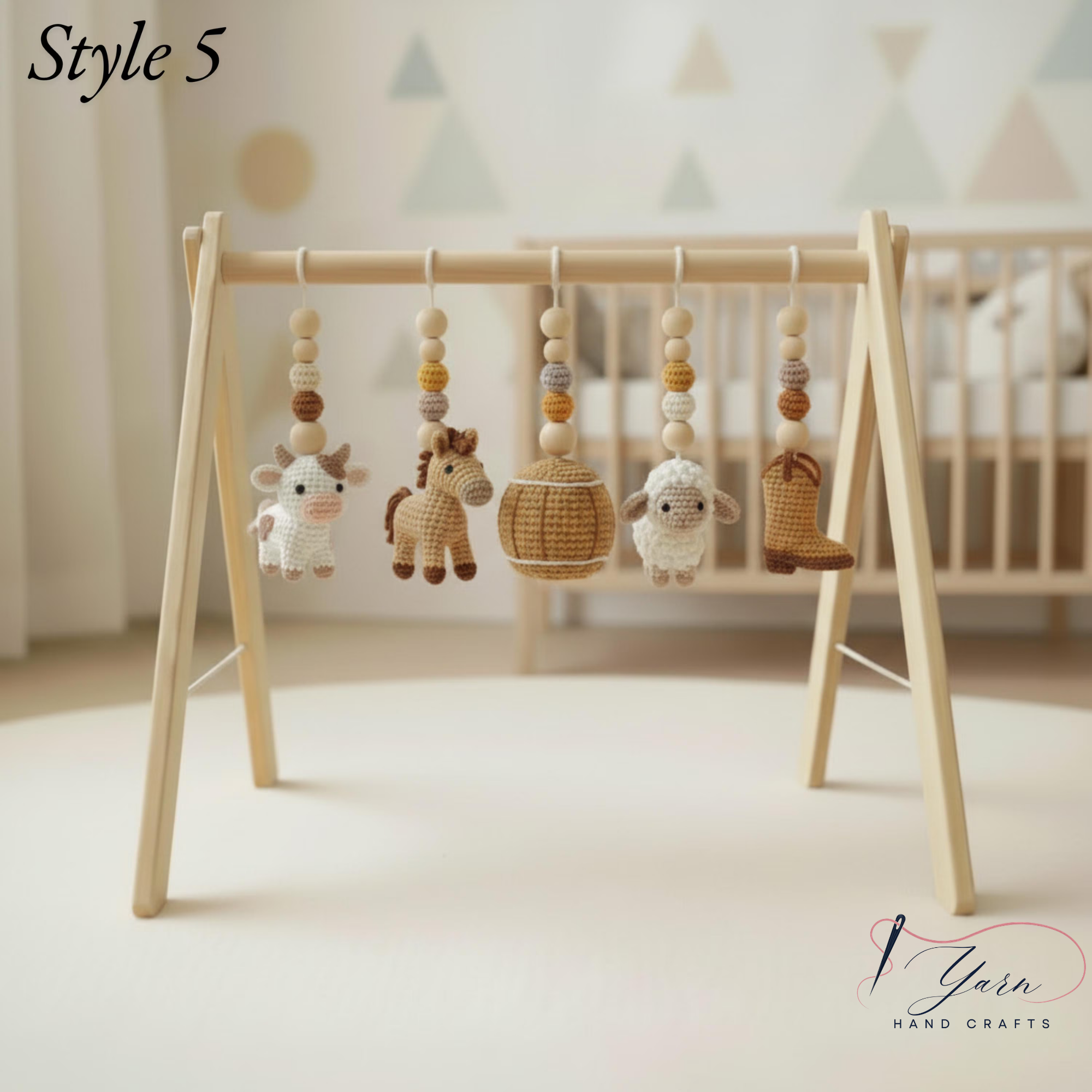 Farm Baby Gym | Handmade Wooden Play Gym with Crochet Cow, Horse, Sheep & Cowboy Boot | Montessori Baby Activity Gym | Farm Nursery Decor | Baby Shower Gift