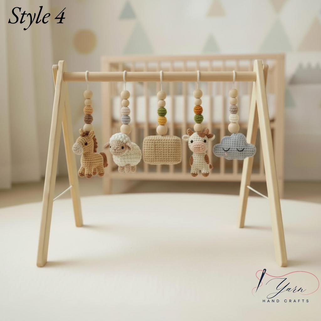 Farm Baby Gym | Handmade Wooden Play Gym with Crochet Cow, Horse, Sheep & Cowboy Boot | Montessori Baby Activity Gym | Farm Nursery Decor | Baby Shower Gift