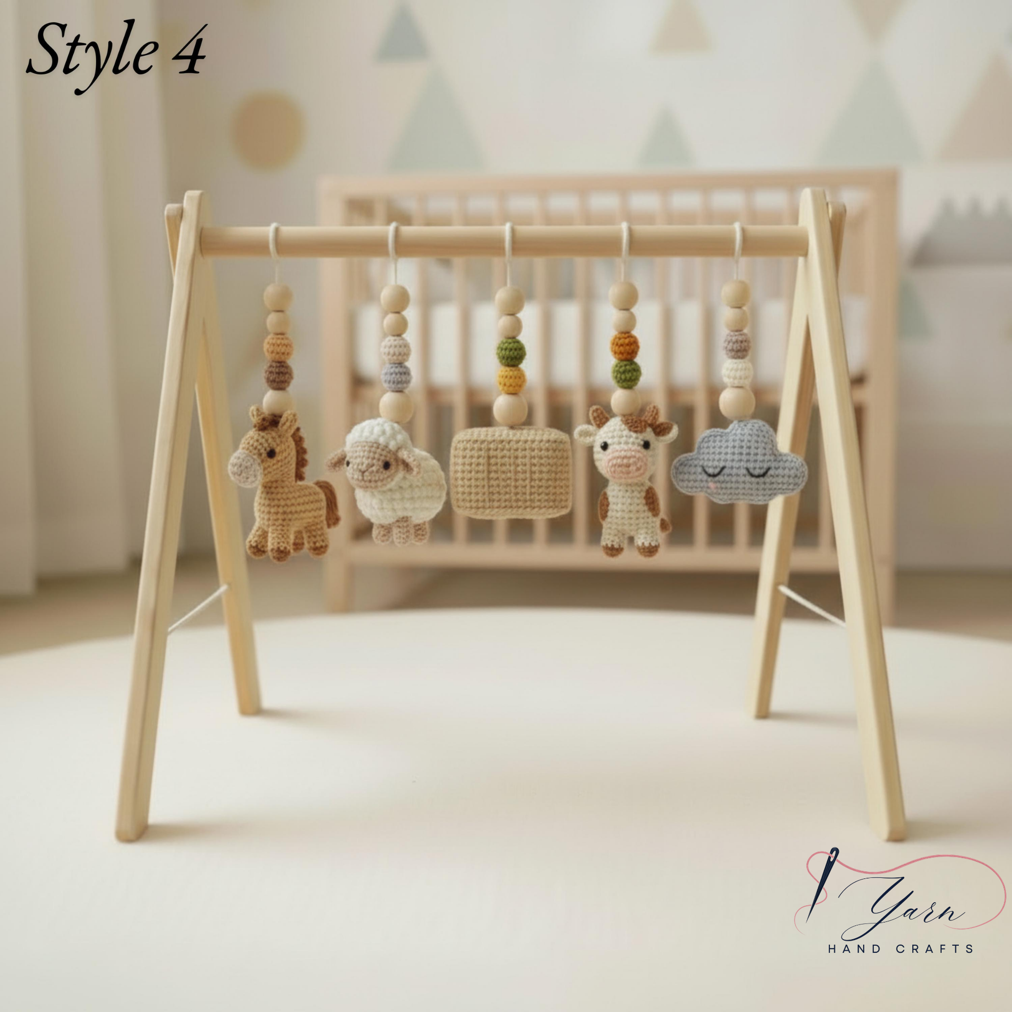 Farm Baby Gym | Handmade Wooden Play Gym with Crochet Cow, Horse, Sheep & Cowboy Boot | Montessori Baby Activity Gym | Farm Nursery Decor | Baby Shower Gift