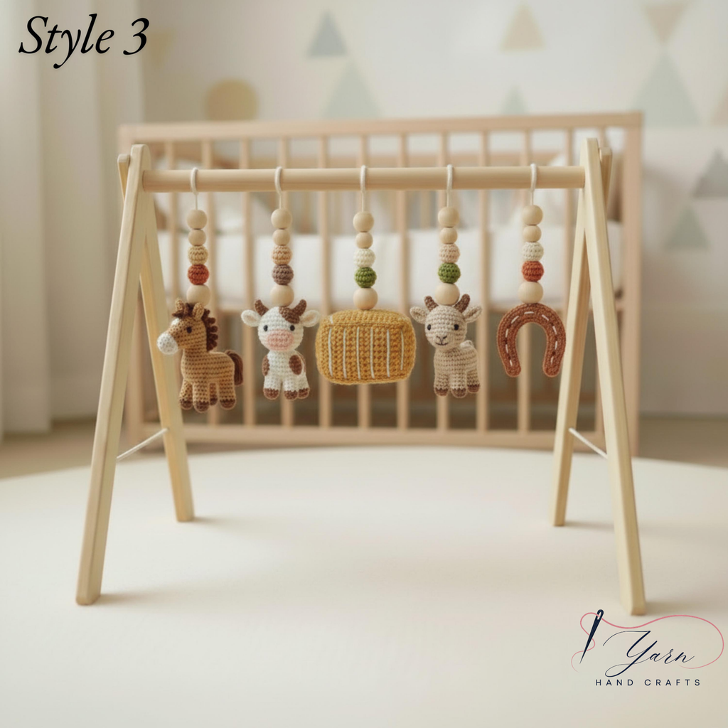 Farm Baby Gym | Handmade Wooden Play Gym with Crochet Cow, Horse, Sheep & Cowboy Boot | Montessori Baby Activity Gym | Farm Nursery Decor | Baby Shower Gift
