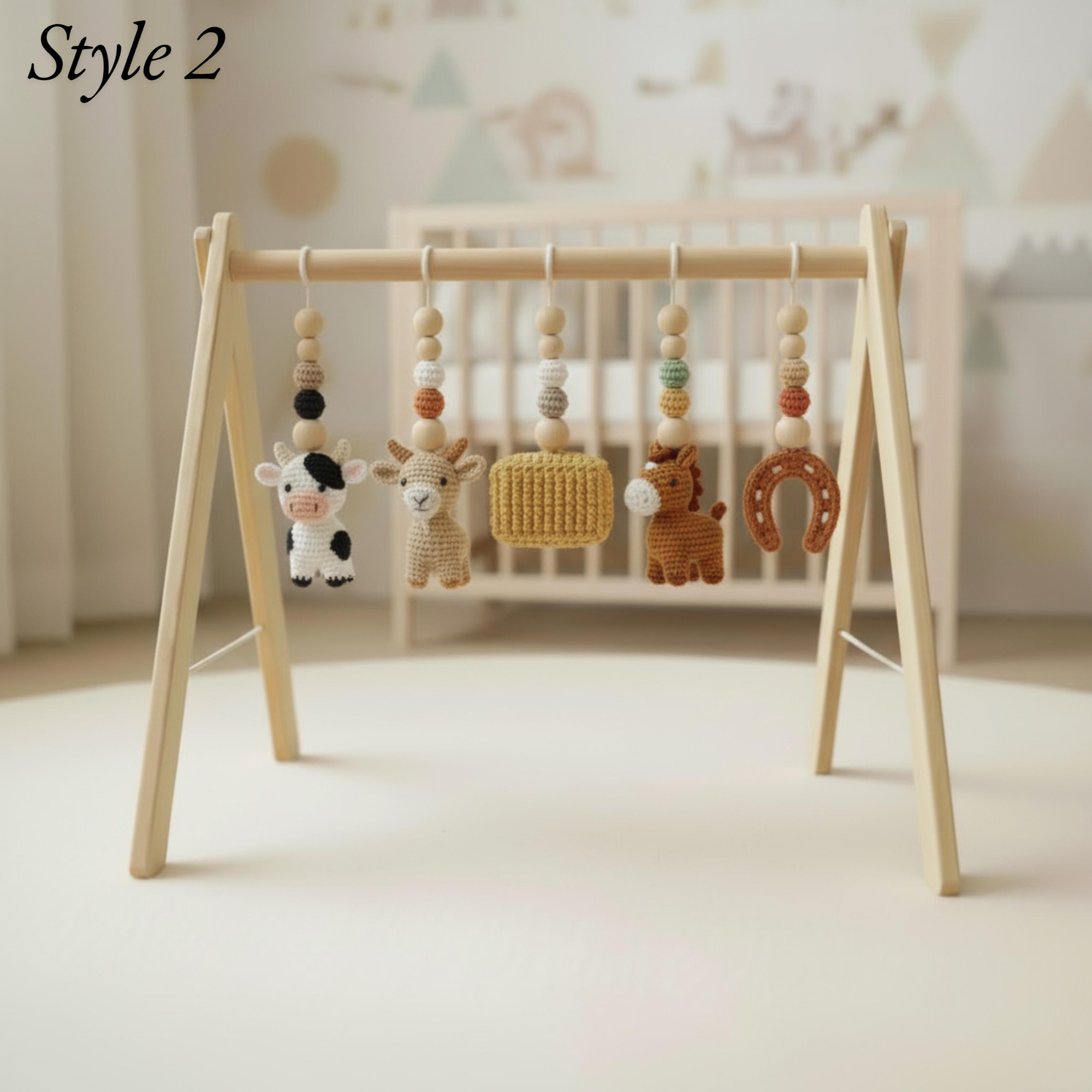 Farm Baby Gym | Handmade Wooden Play Gym with Crochet Cow, Horse, Sheep & Cowboy Boot | Montessori Baby Activity Gym | Farm Nursery Decor | Baby Shower Gift