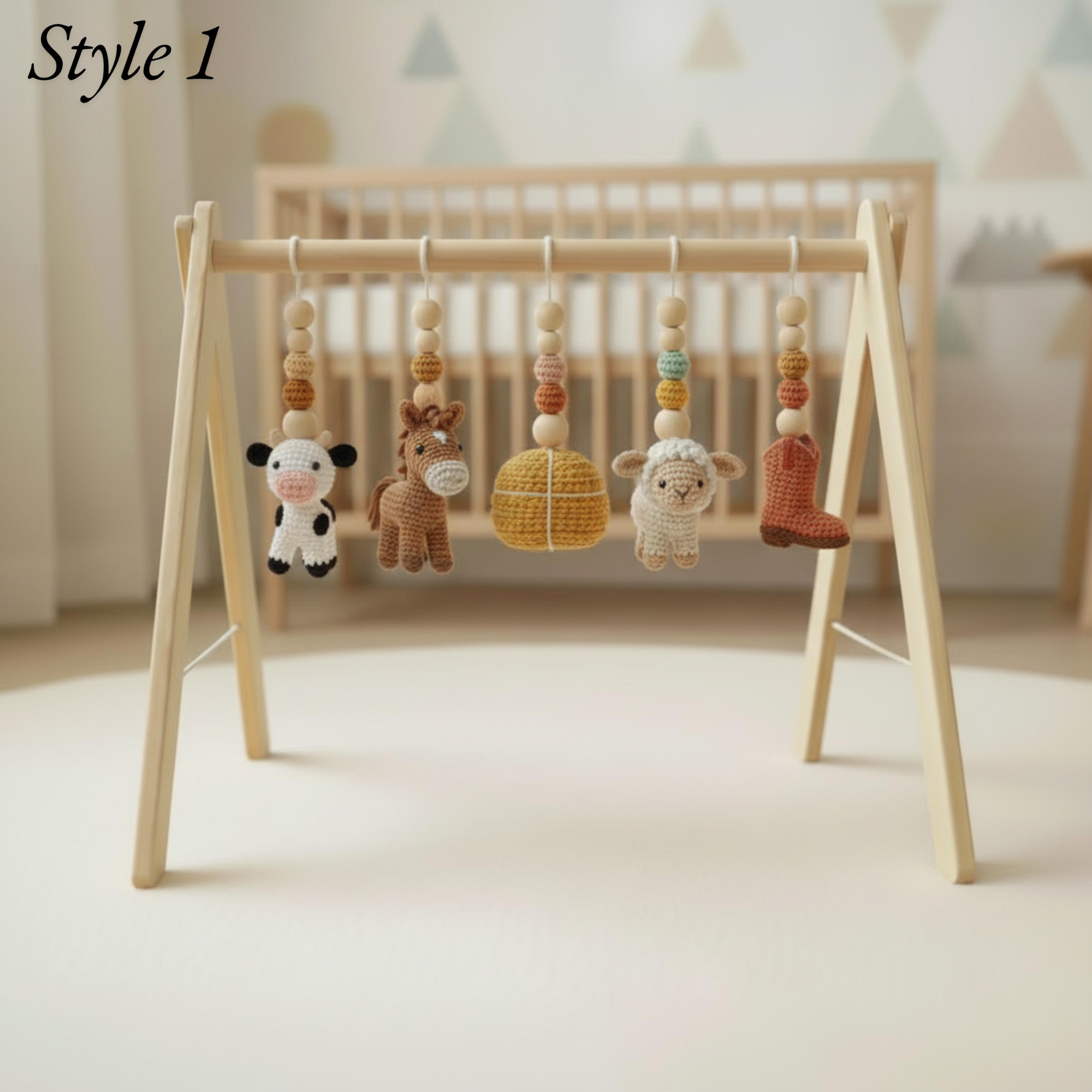 Farm Baby Gym | Handmade Wooden Play Gym with Crochet Cow, Horse, Sheep & Cowboy Boot | Montessori Baby Activity Gym | Farm Nursery Decor | Baby Shower Gift