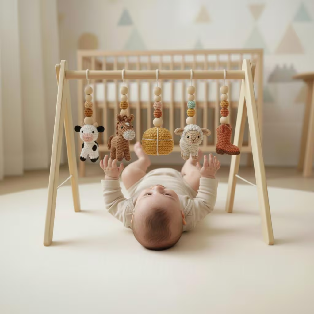 Farm Baby Gym | Handmade Wooden Play Gym with Crochet Cow, Horse, Sheep & Cowboy Boot | Montessori Baby Activity Gym | Farm Nursery Decor | Baby Shower Gift