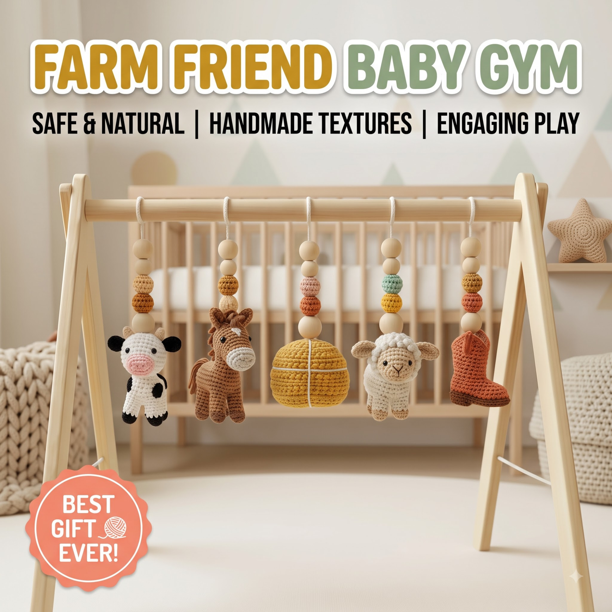 Farm Baby Gym | Handmade Wooden Play Gym with Crochet Cow, Horse, Sheep & Cowboy Boot | Montessori Baby Activity Gym | Farm Nursery Decor | Baby Shower Gift