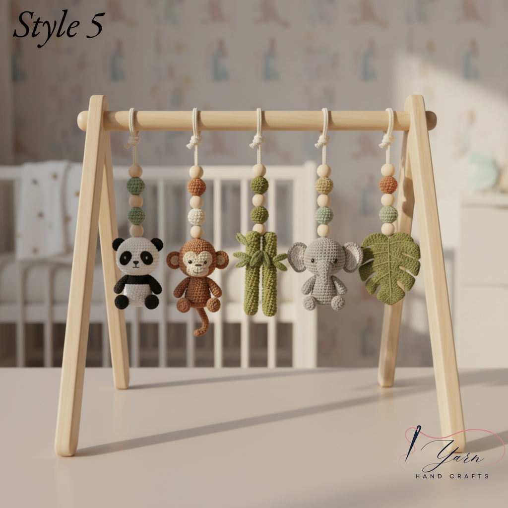 Jungle Baby Gym, Wooden Play Gym with Crochet Safari Animals, Montessori Activity Frame, Tropical Nursery Decor, Baby Shower Gift