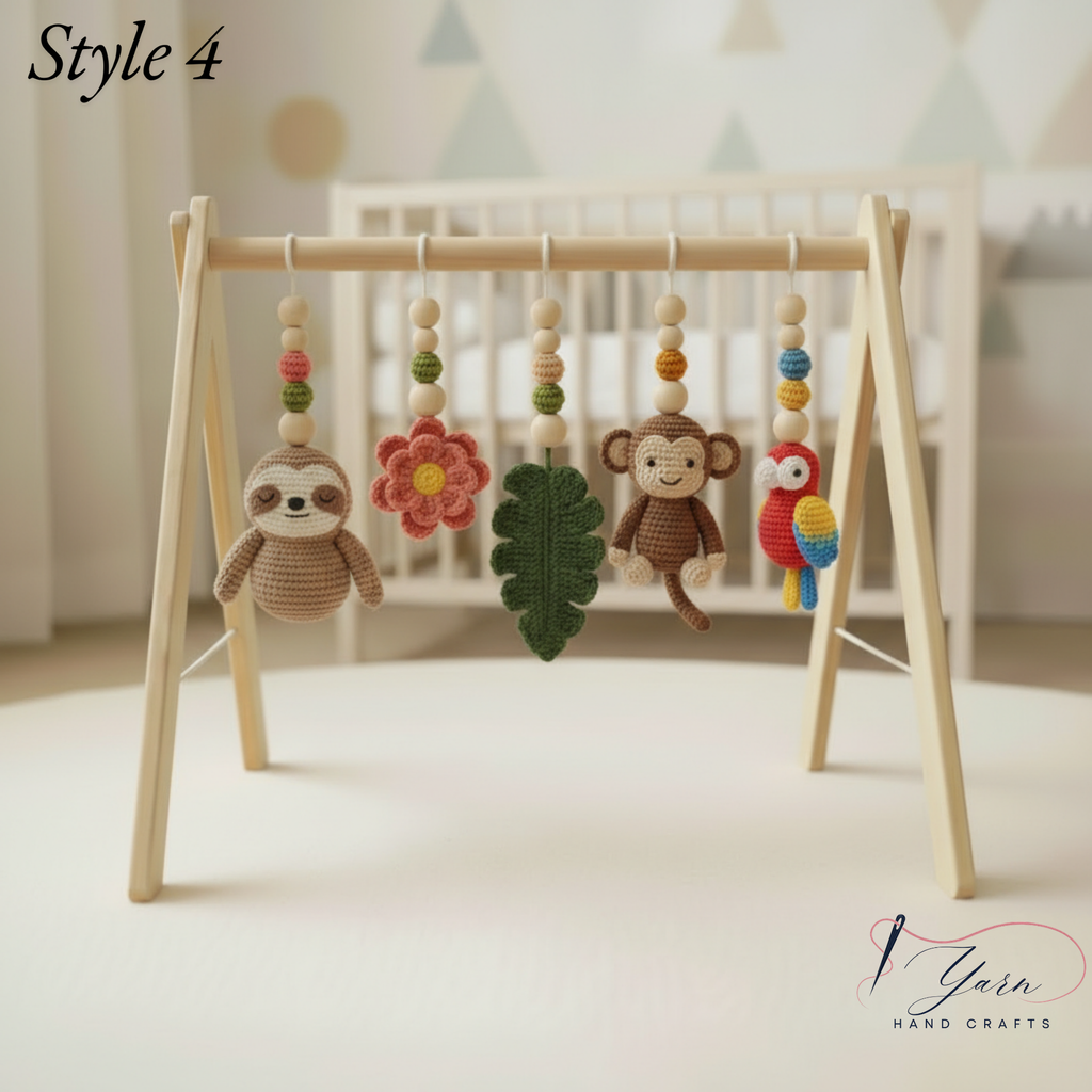 Jungle Baby Gym, Wooden Play Gym with Crochet Safari Animals, Montessori Activity Frame, Tropical Nursery Decor, Baby Shower Gift