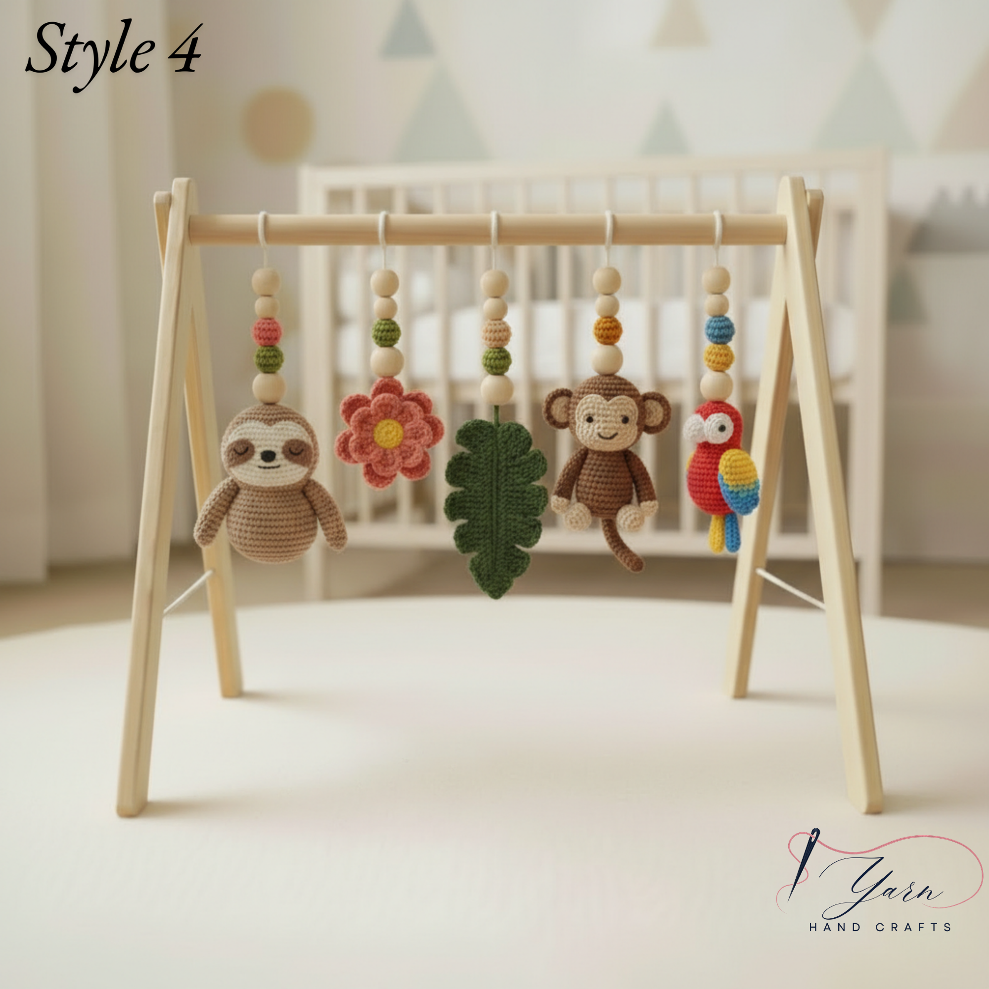 Jungle Baby Gym, Wooden Play Gym with Crochet Safari Animals, Montessori Activity Frame, Tropical Nursery Decor, Baby Shower Gift