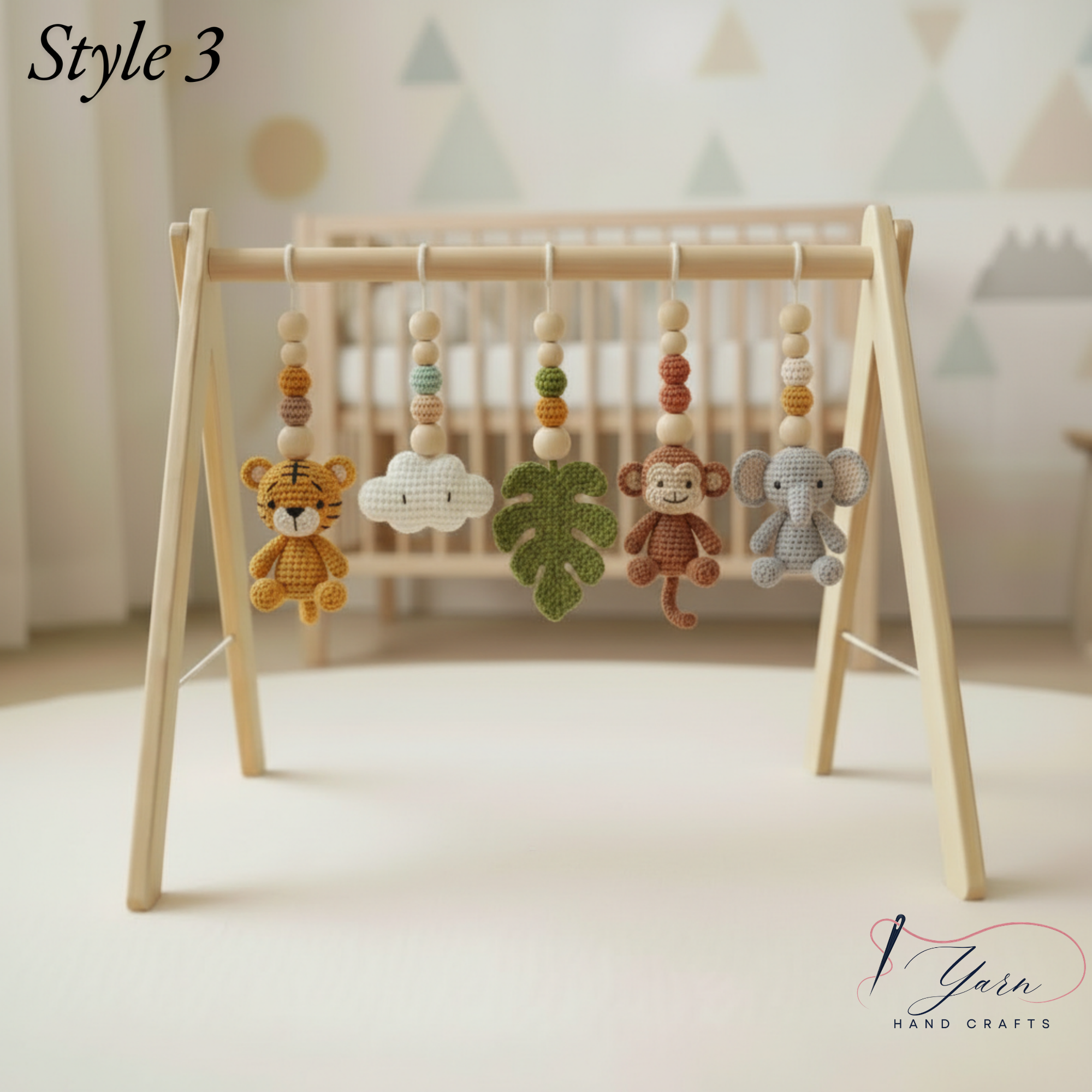 Jungle Baby Gym, Wooden Play Gym with Crochet Safari Animals, Montessori Activity Frame, Tropical Nursery Decor, Baby Shower Gift