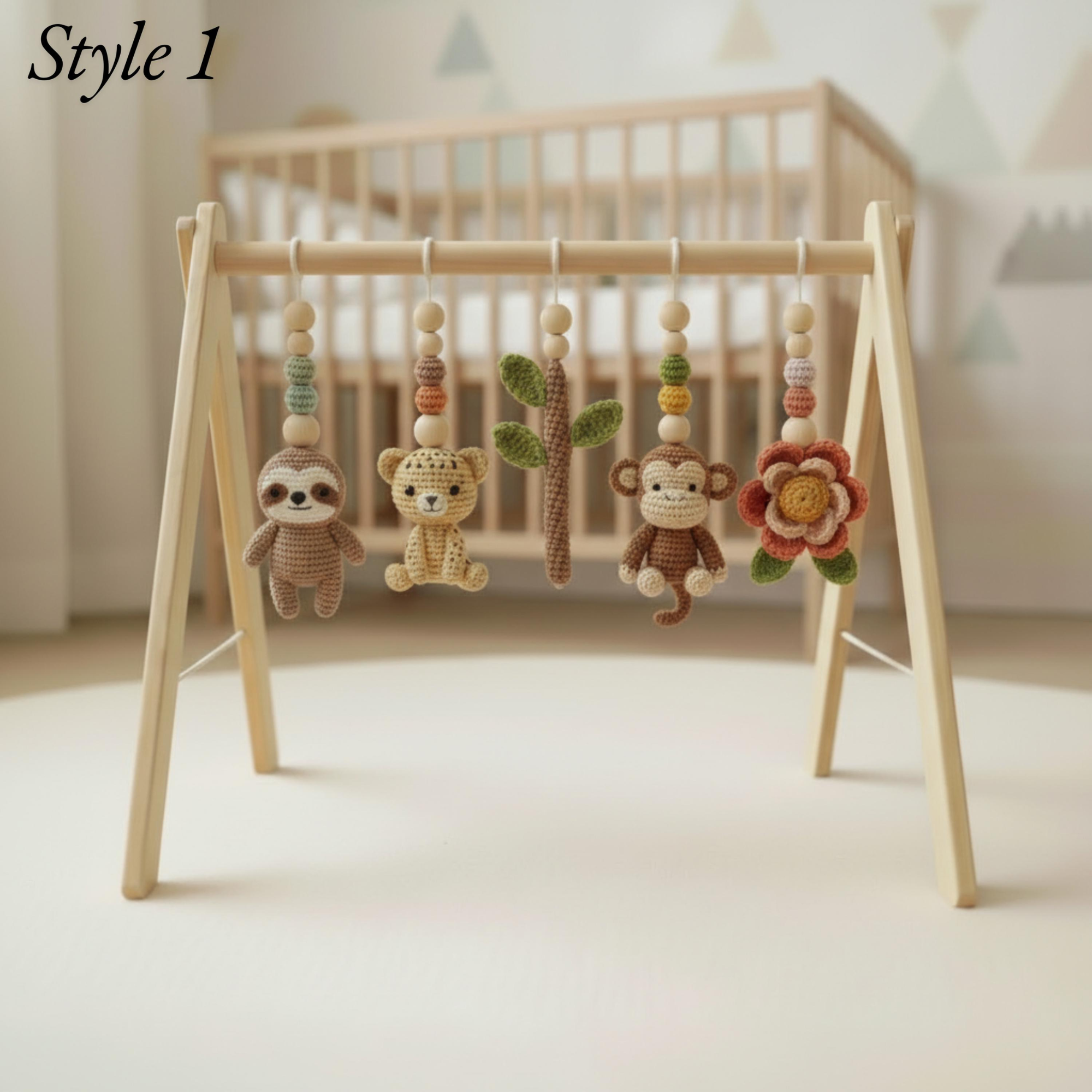 Jungle Baby Gym, Wooden Play Gym with Crochet Safari Animals, Montessori Activity Frame, Tropical Nursery Decor, Baby Shower Gift