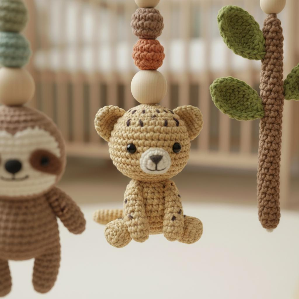 Jungle Baby Gym, Wooden Play Gym with Crochet Safari Animals, Montessori Activity Frame, Tropical Nursery Decor, Baby Shower Gift