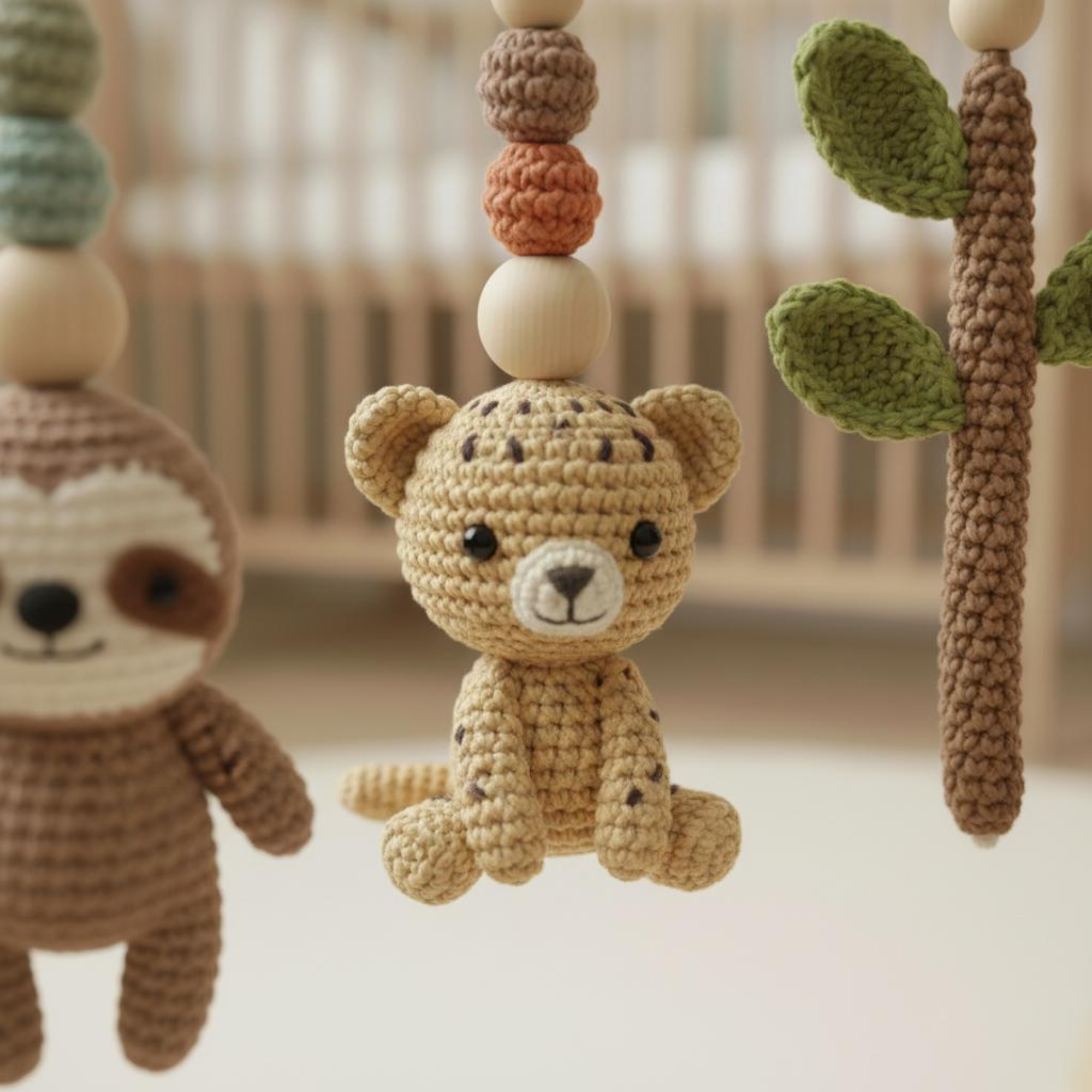 Jungle Baby Gym, Wooden Play Gym with Crochet Safari Animals, Montessori Activity Frame, Tropical Nursery Decor, Baby Shower Gift