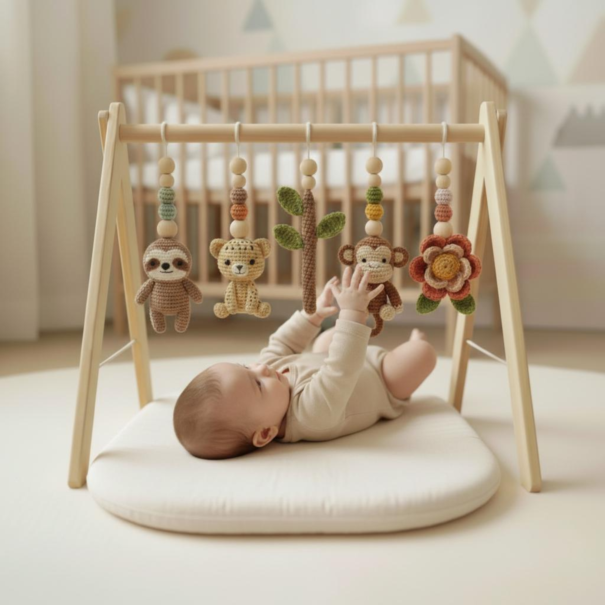 Jungle Baby Gym, Wooden Play Gym with Crochet Safari Animals, Montessori Activity Frame, Tropical Nursery Decor, Baby Shower Gift