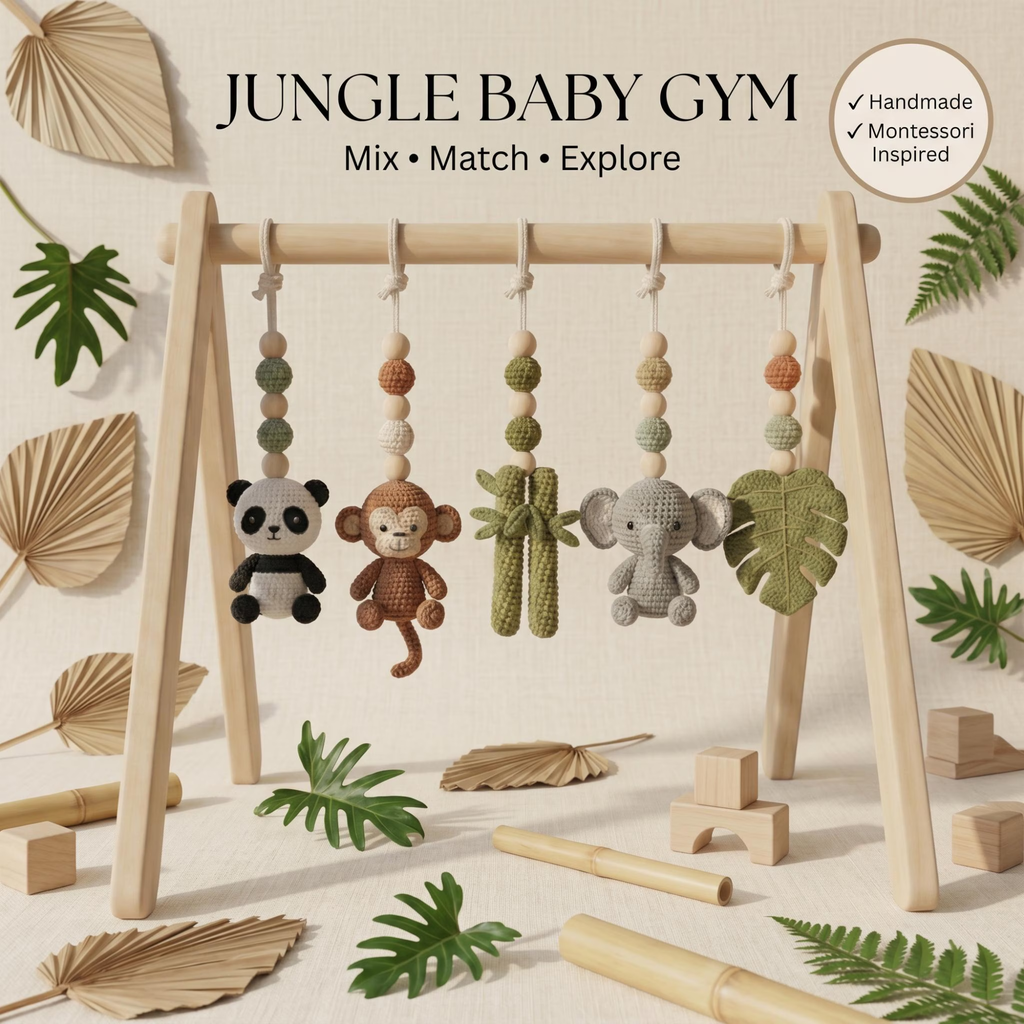 Jungle Baby Gym, Wooden Play Gym with Crochet Safari Animals, Montessori Activity Frame, Tropical Nursery Decor, Baby Shower Gift