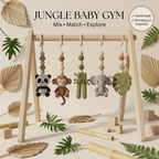 Jungle Baby Gym, Wooden Play Gym with Crochet Safari Animals, Montessori Activity Frame, Tropical Nursery Decor, Baby Shower Gift