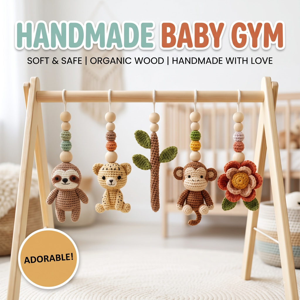 Jungle Baby Gym, Wooden Play Gym with Crochet Safari Animals, Montessori Activity Frame, Tropical Nursery Decor, Baby Shower Gift
