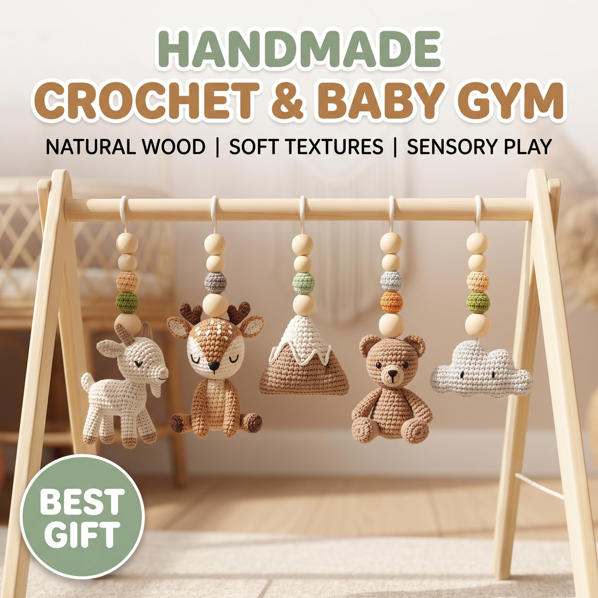 Handmade Custom Baby Gym, Wooden Montessori Play Gym with Crochet Woodland Animals, Neutral Nursery Decor, Baby Shower Gift