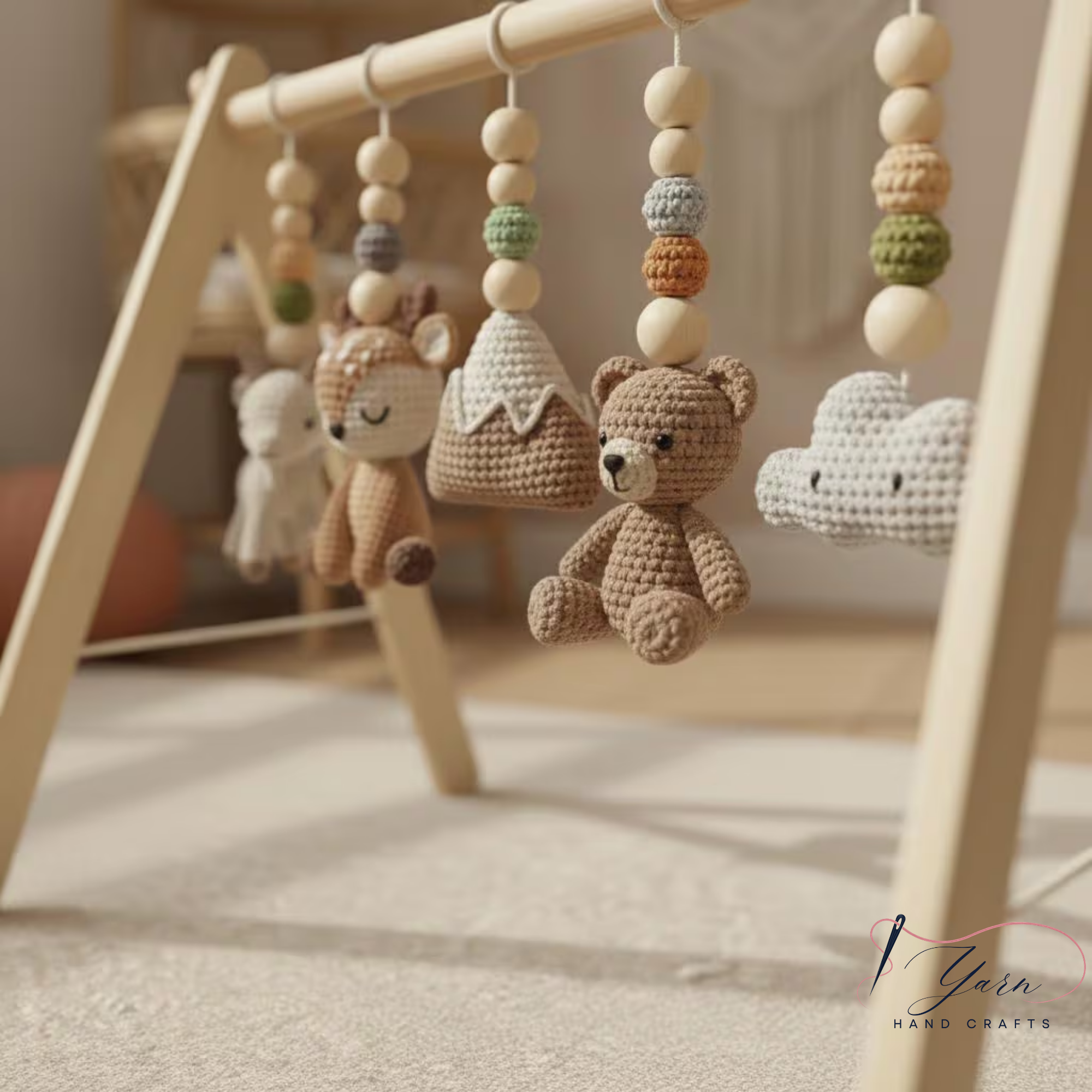 Handmade Custom Baby Gym, Wooden Montessori Play Gym with Crochet Woodland Animals, Neutral Nursery Decor, Baby Shower Gift