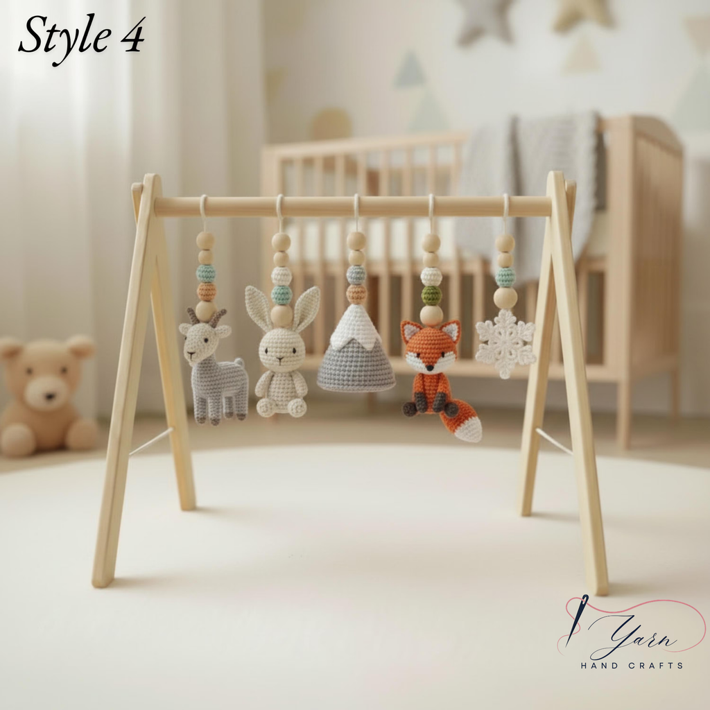 Handmade Custom Baby Gym, Wooden Montessori Play Gym with Crochet Woodland Animals, Neutral Nursery Decor, Baby Shower Gift