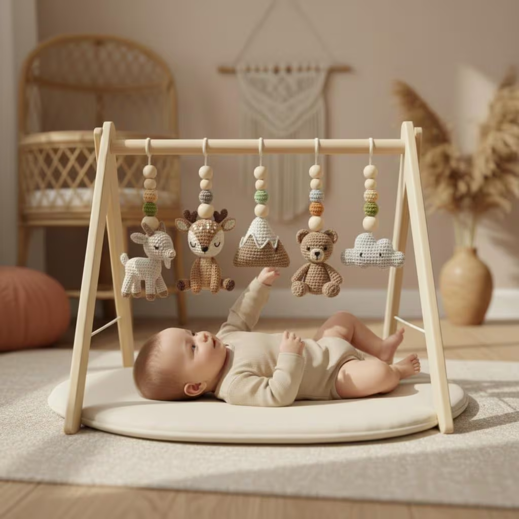 Handmade Custom Baby Gym, Wooden Montessori Play Gym with Crochet Woodland Animals, Neutral Nursery Decor, Baby Shower Gift