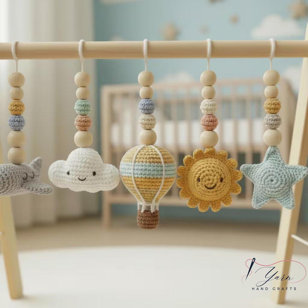 Sky Baby Gym, Wooden Montessori Play Gym with Crochet Airplane Hot Air Balloon Cloud Sun and Star, Neutral Nursery Decor, Baby Shower Gift