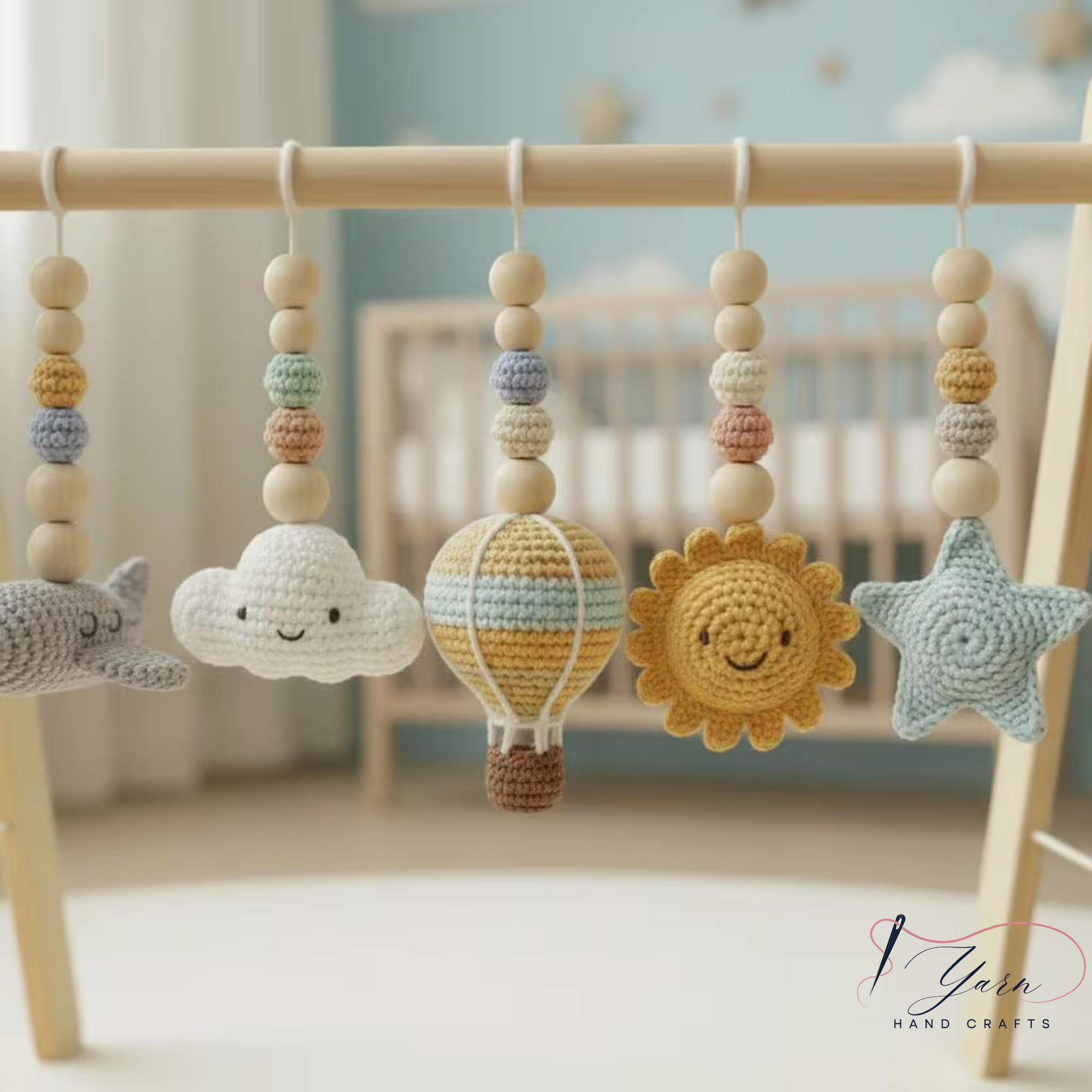 Sky Baby Gym, Wooden Montessori Play Gym with Crochet Airplane Hot Air Balloon Cloud Sun and Star, Neutral Nursery Decor, Baby Shower Gift