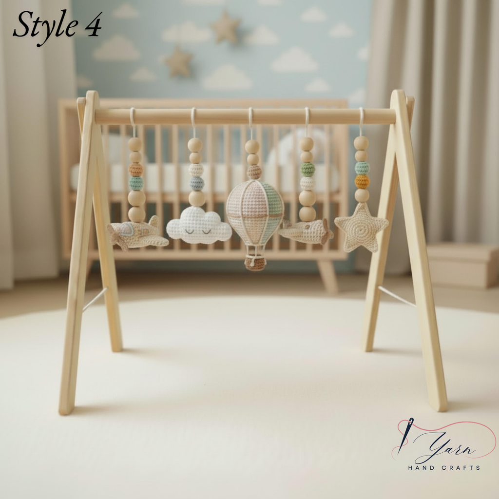 Sky Baby Gym, Wooden Montessori Play Gym with Crochet Airplane Hot Air Balloon Cloud Sun and Star, Neutral Nursery Decor, Baby Shower Gift