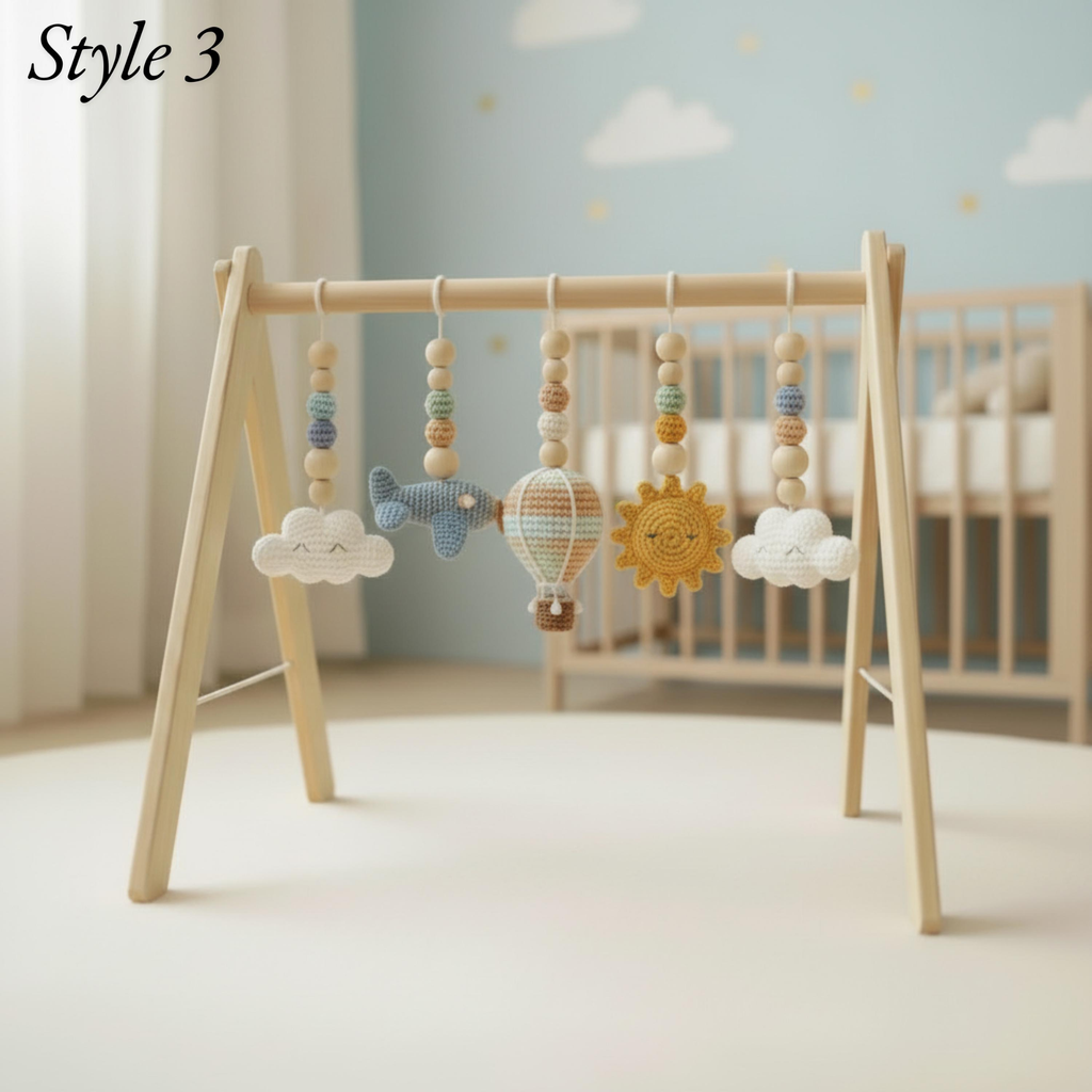 Sky Baby Gym, Wooden Montessori Play Gym with Crochet Airplane Hot Air Balloon Cloud Sun and Star, Neutral Nursery Decor, Baby Shower Gift