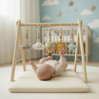Sky Baby Gym, Wooden Montessori Play Gym with Crochet Airplane Hot Air Balloon Cloud Sun and Star, Neutral Nursery Decor, Baby Shower Gift