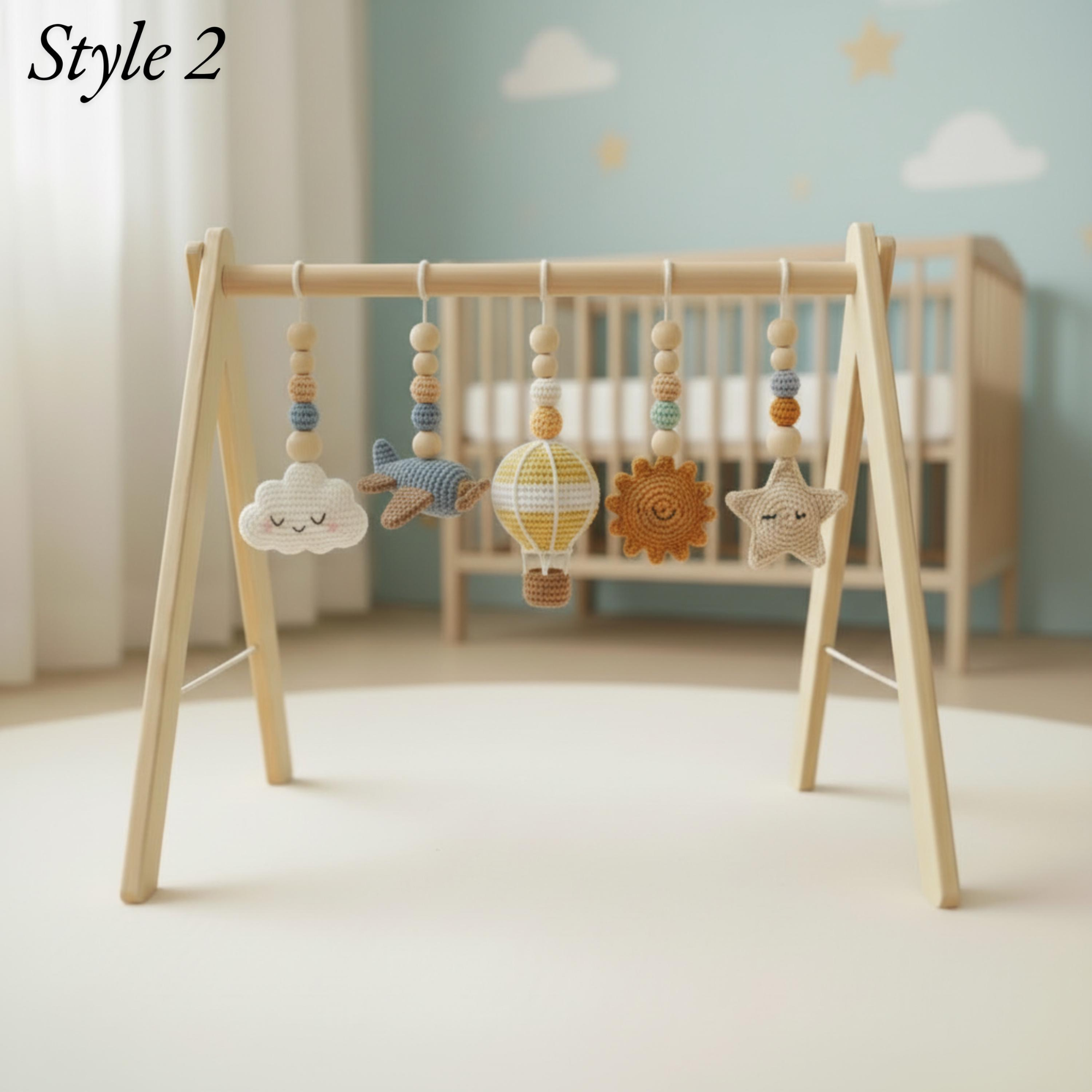 Sky Baby Gym, Wooden Montessori Play Gym with Crochet Airplane Hot Air Balloon Cloud Sun and Star, Neutral Nursery Decor, Baby Shower Gift