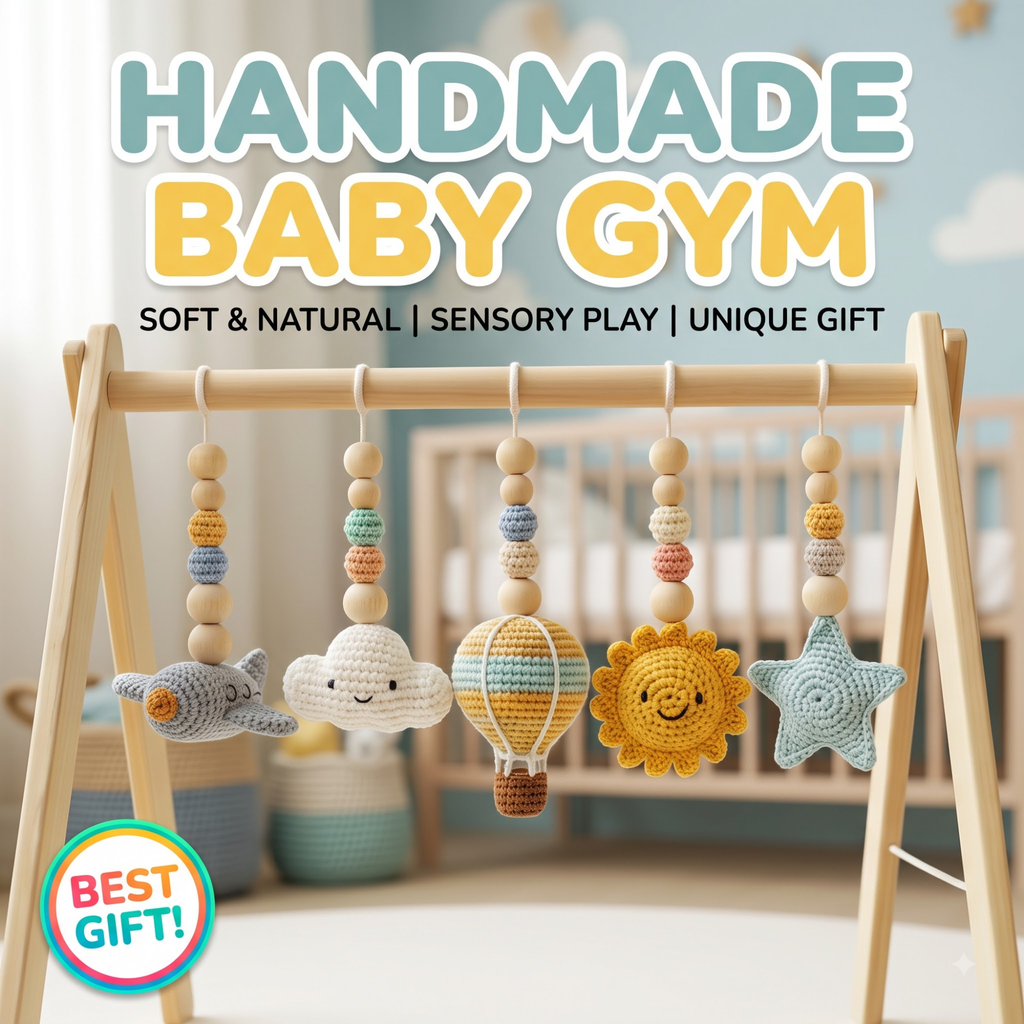 Sky Baby Gym, Wooden Montessori Play Gym with Crochet Airplane Hot Air Balloon Cloud Sun and Star, Neutral Nursery Decor, Baby Shower Gift