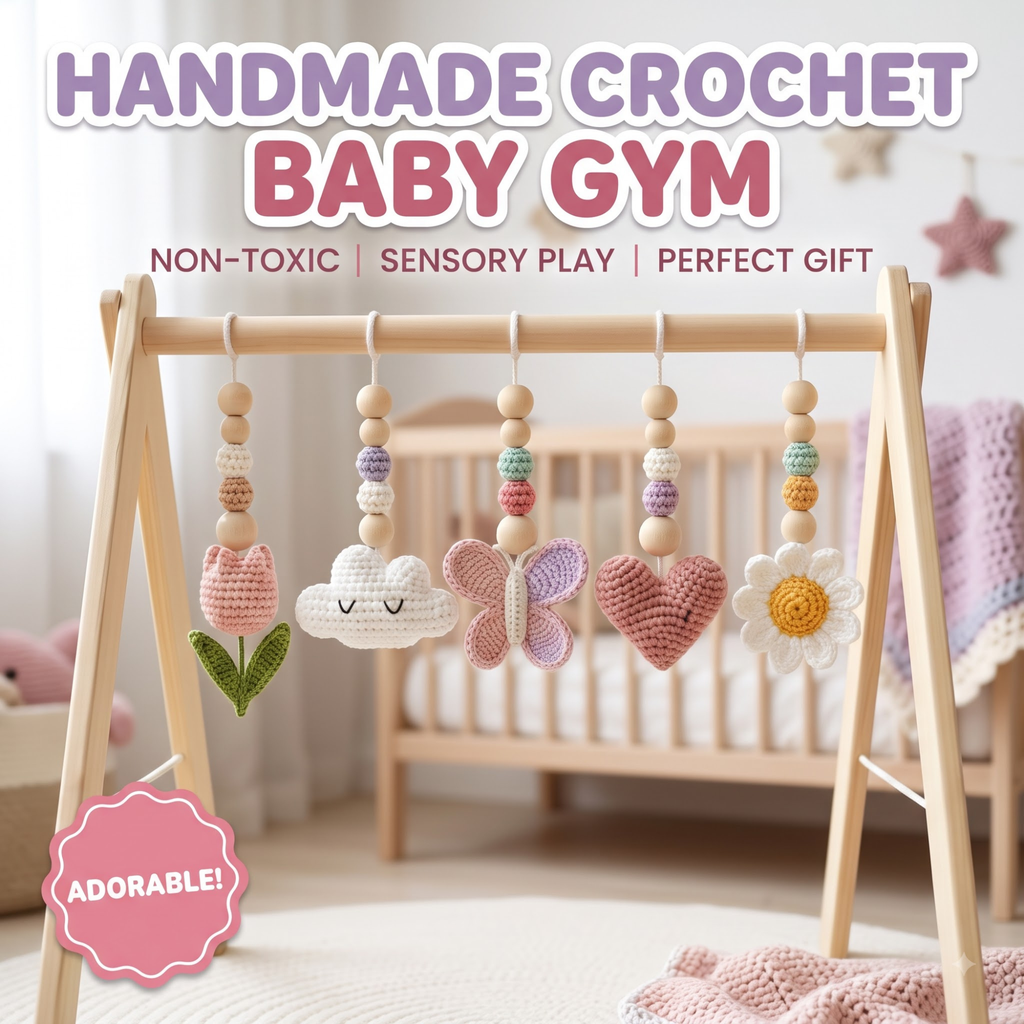 Floral Baby Gym, Wooden Play Gym with Crochet Tulip Butterfly Cloud Daisy, Montessori Activity Gym, Neutral Nursery, Baby Gift