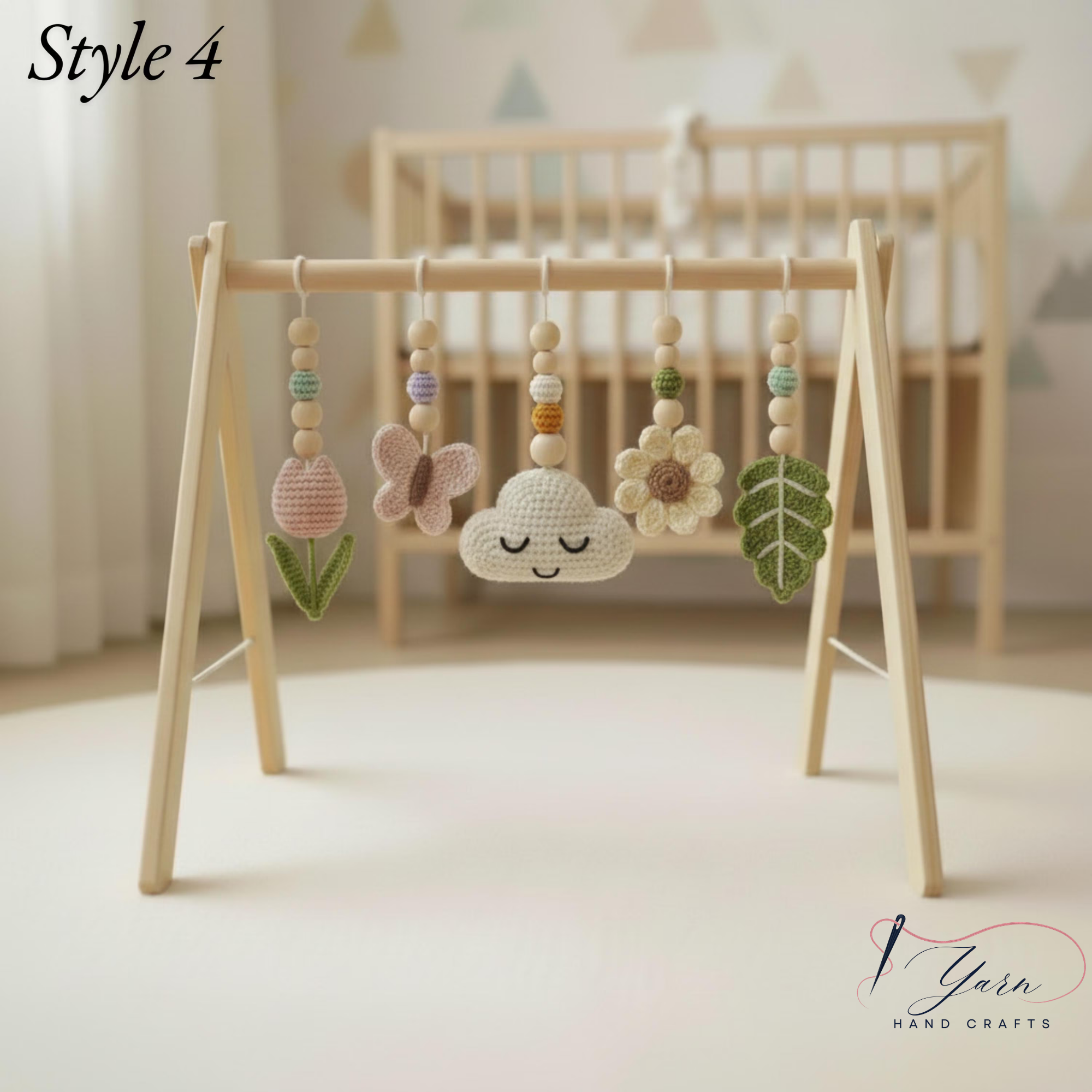 Floral Baby Gym, Wooden Play Gym with Crochet Tulip Butterfly Cloud Daisy, Montessori Activity Gym, Neutral Nursery, Baby Gift