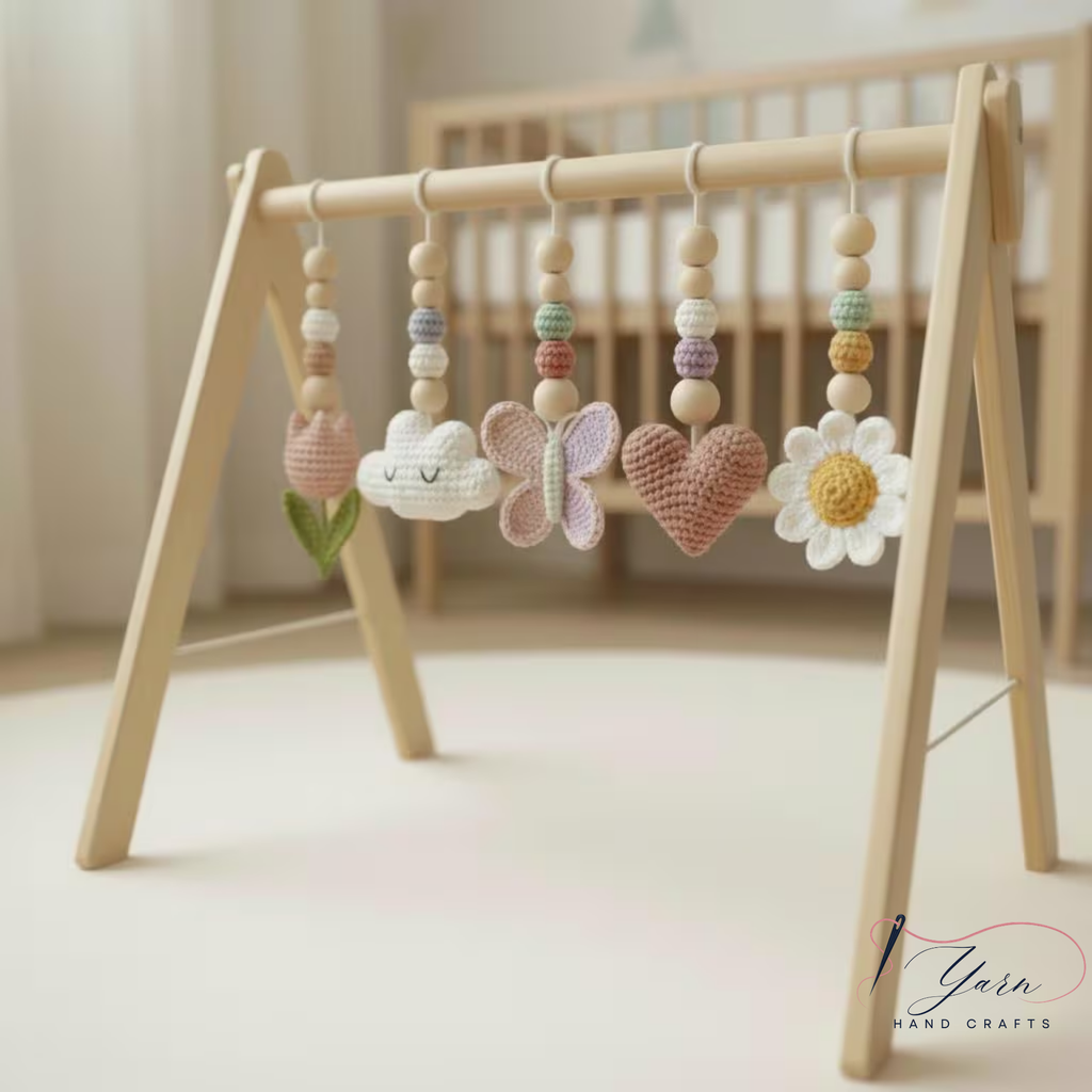 Floral Baby Gym, Wooden Play Gym with Crochet Tulip Butterfly Cloud Daisy, Montessori Activity Gym, Neutral Nursery, Baby Gift