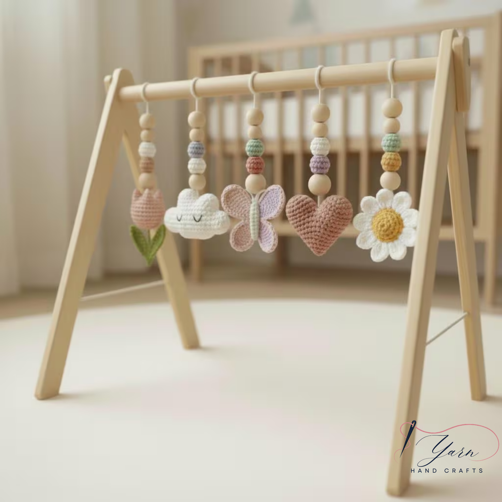 Floral Baby Gym, Wooden Play Gym with Crochet Tulip Butterfly Cloud Daisy, Montessori Activity Gym, Neutral Nursery, Baby Gift