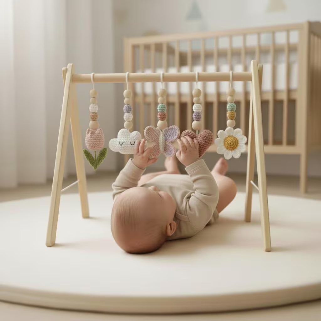 Floral Baby Gym, Wooden Play Gym with Crochet Tulip Butterfly Cloud Daisy, Montessori Activity Gym, Neutral Nursery, Baby Gift