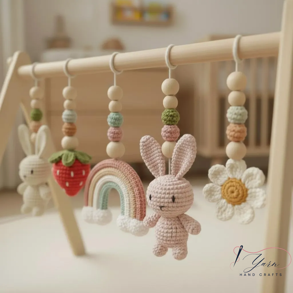 Handmade Custom Bunny Baby Play Gym, Wooden Montessori Activity Gym with Crochet Rabbit Toys, Neutral Nursery Decor, Baby Activity Center, Baby Shower Gift