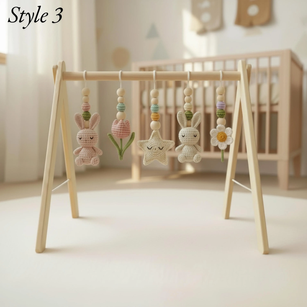Handmade Custom Bunny Baby Play Gym, Wooden Montessori Activity Gym with Crochet Rabbit Toys, Neutral Nursery Decor, Baby Activity Center, Baby Shower Gift