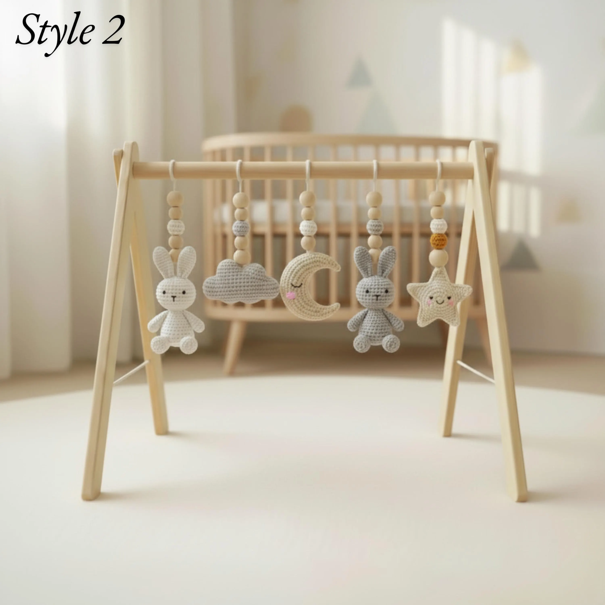 Handmade Custom Bunny Baby Play Gym, Wooden Montessori Activity Gym with Crochet Rabbit Toys, Neutral Nursery Decor, Baby Activity Center, Baby Shower Gift