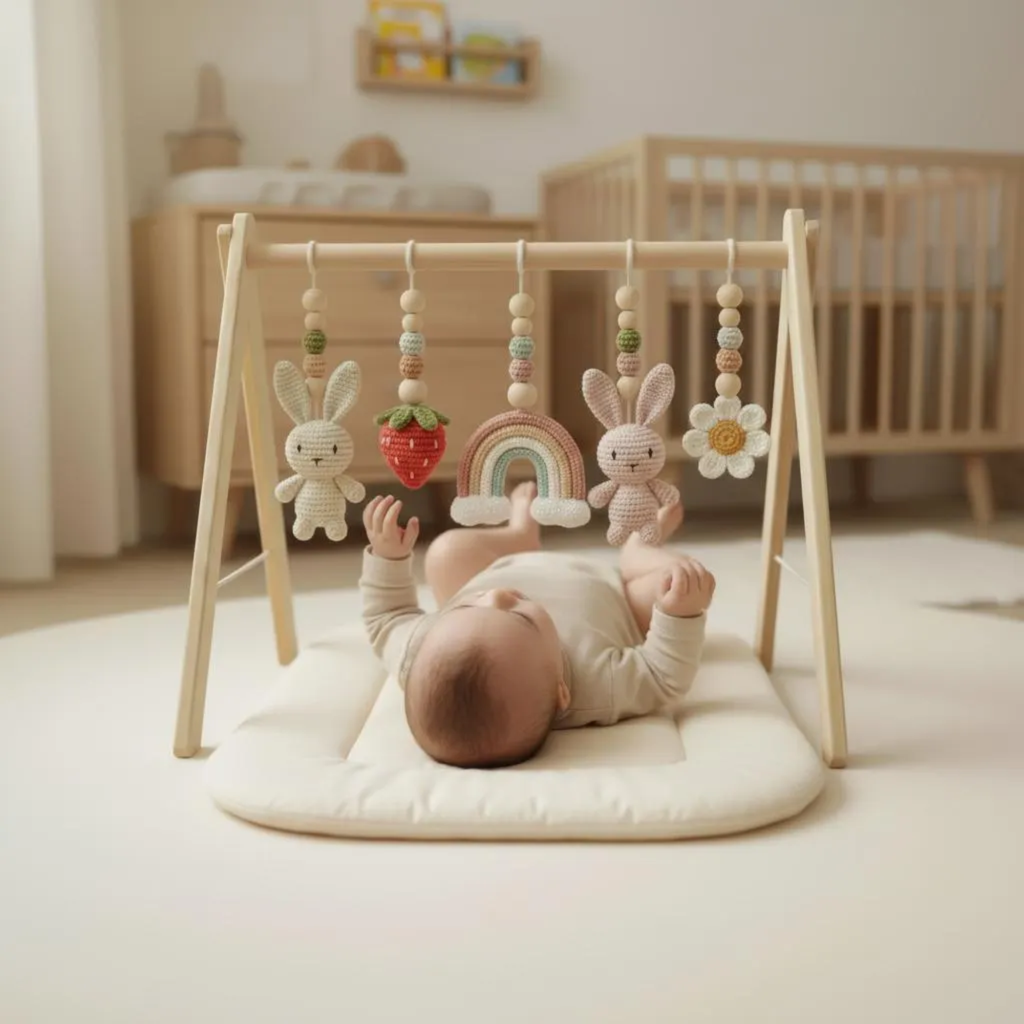 Handmade Custom Bunny Baby Play Gym, Wooden Montessori Activity Gym with Crochet Rabbit Toys, Neutral Nursery Decor, Baby Activity Center, Baby Shower Gift
