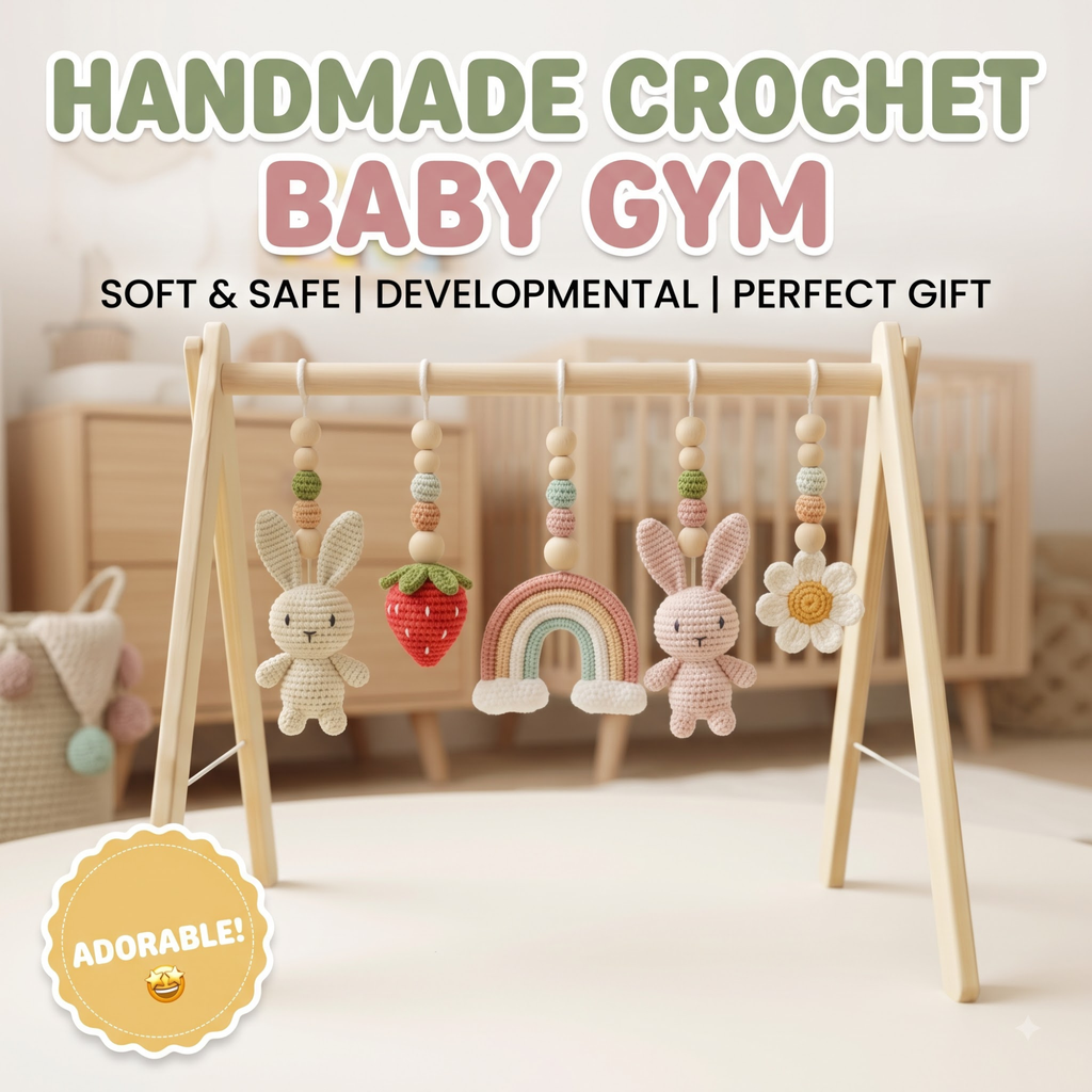 Handmade Custom Bunny Baby Play Gym, Wooden Montessori Activity Gym with Crochet Rabbit Toys, Neutral Nursery Decor, Baby Activity Center, Baby Shower Gift