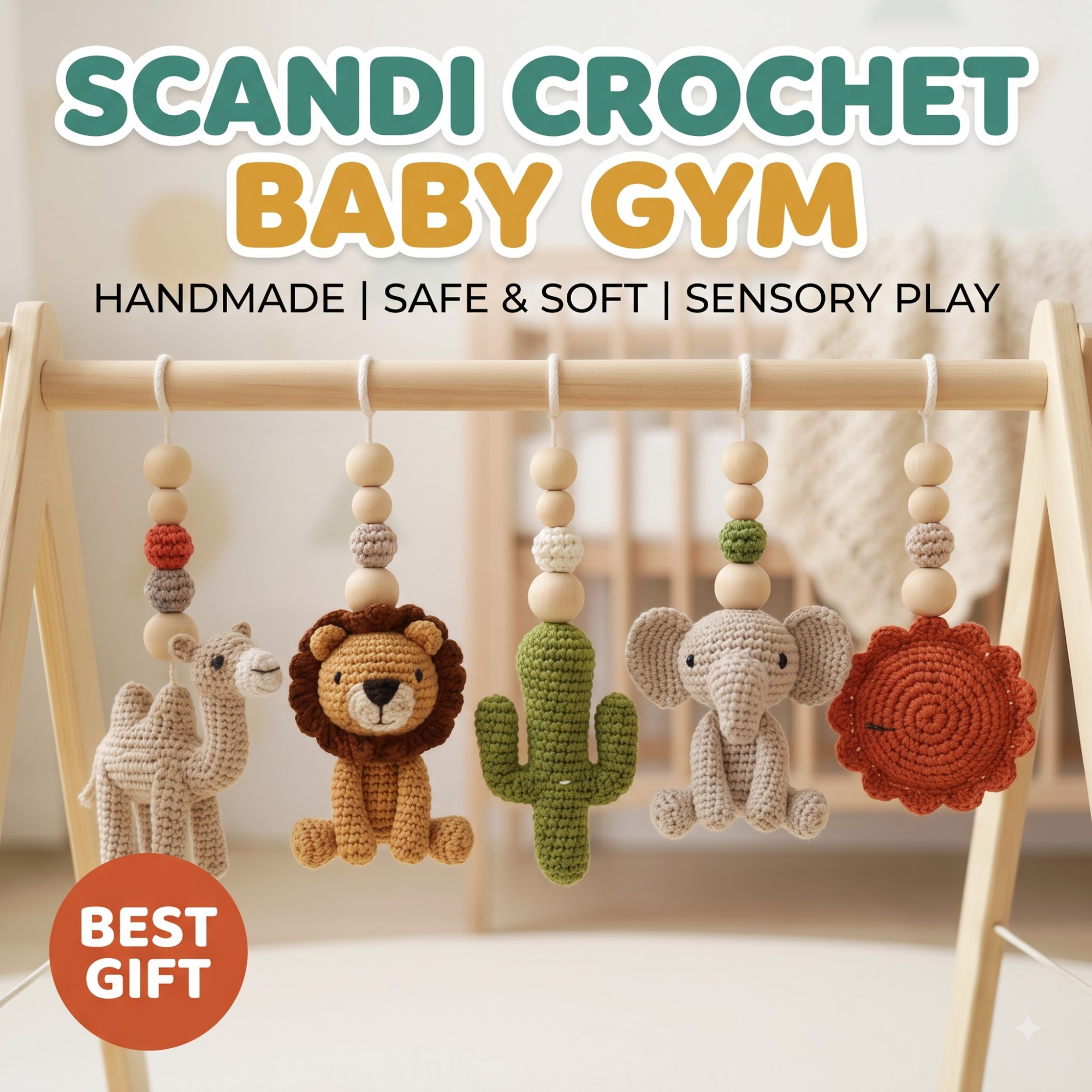 Personalized Safari Baby Gym, Handmade Wooden Play Gym, Crochet Jungle Animals, Montessori Frame, Neutral Nursery Gift, Baby Shower Present
