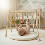 Montessori Baby Gym Duck Pond Theme, Wooden Baby Play Gym with Crochet Duck Frog Lotus Swan Lily Pad, Nature Nursery Decor Baby Gift