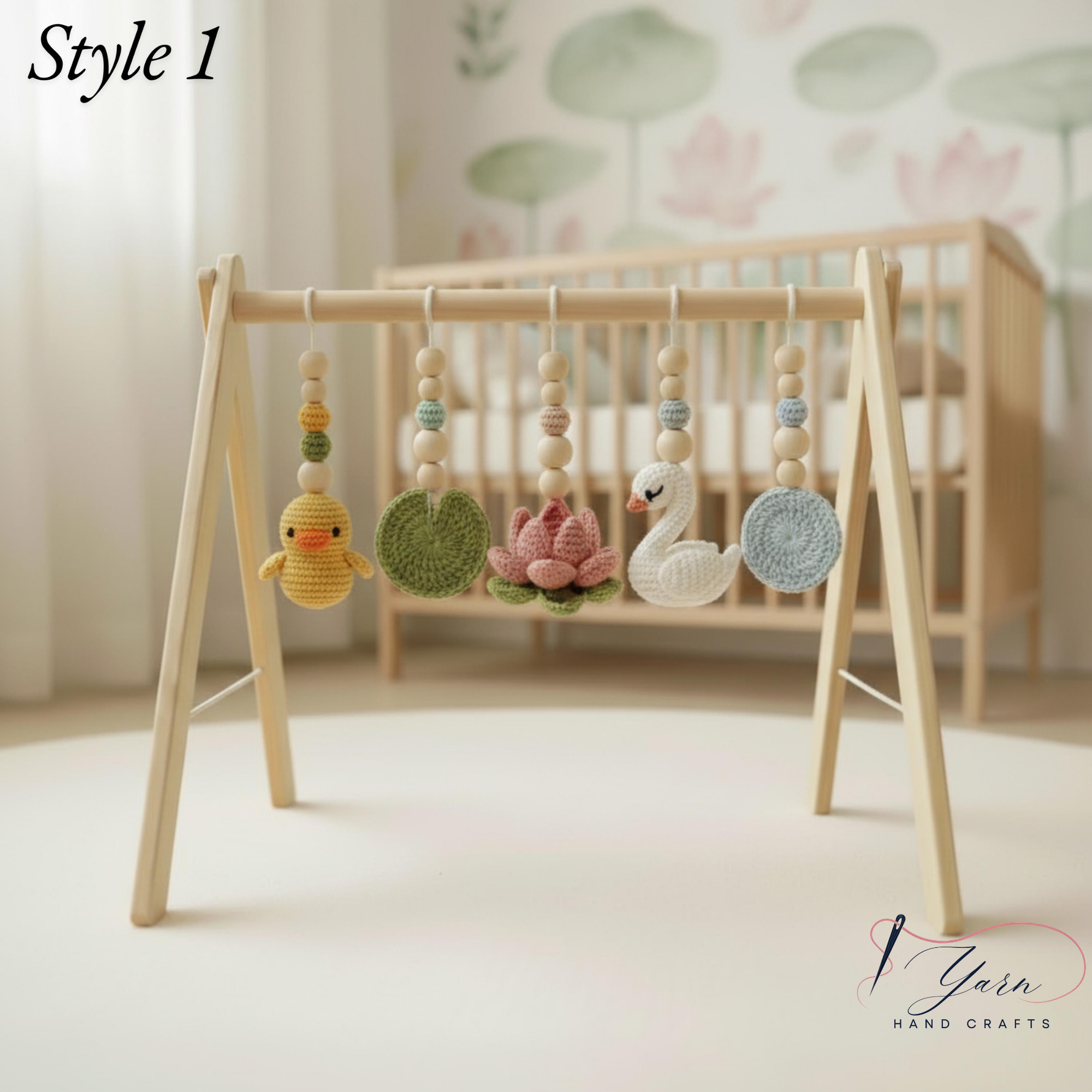 Montessori Baby Gym Duck Pond Theme, Wooden Baby Play Gym with Crochet Duck Frog Lotus Swan Lily Pad, Nature Nursery Decor Baby Gift