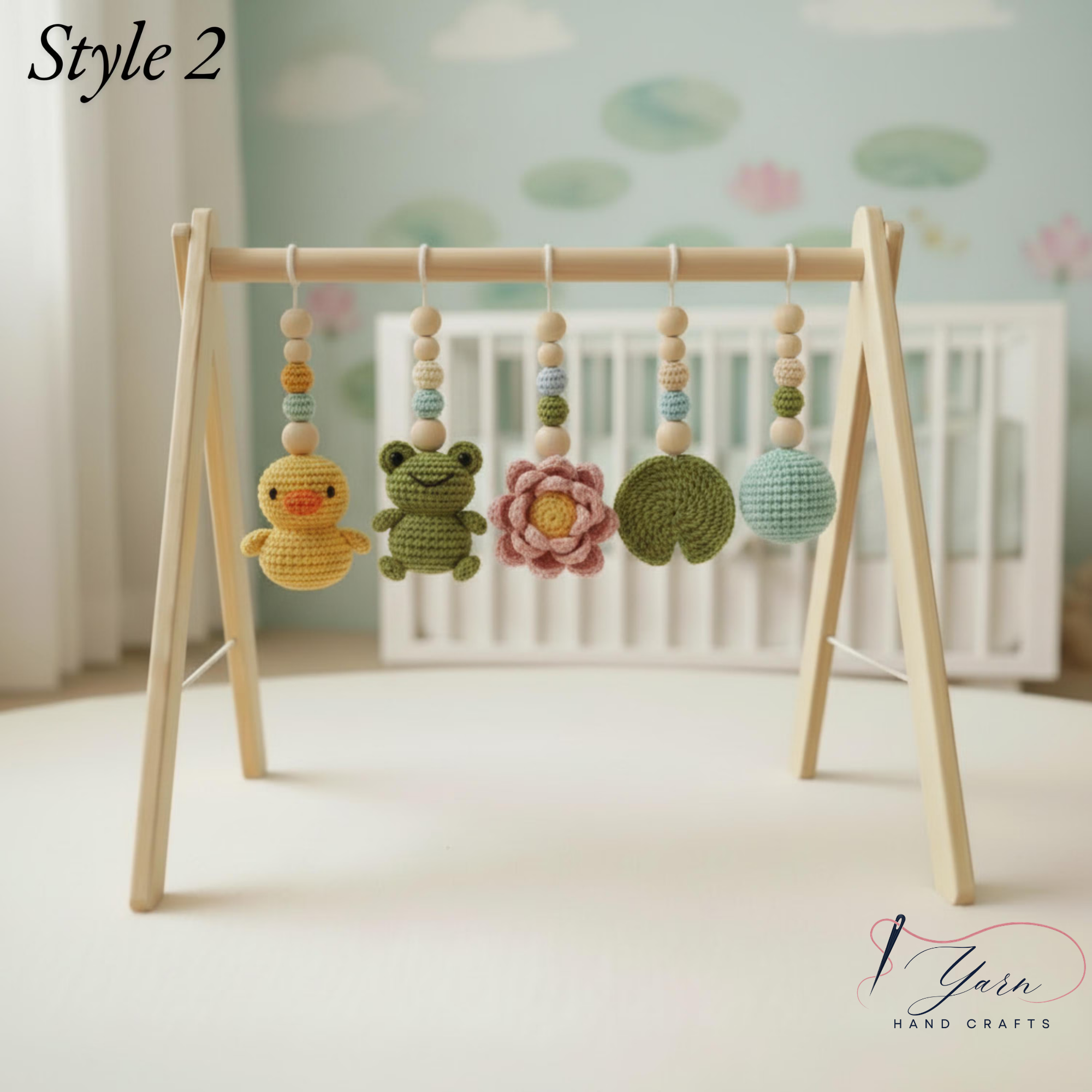 Montessori Baby Gym Duck Pond Theme, Wooden Baby Play Gym with Crochet Duck Frog Lotus Swan Lily Pad, Nature Nursery Decor Baby Gift