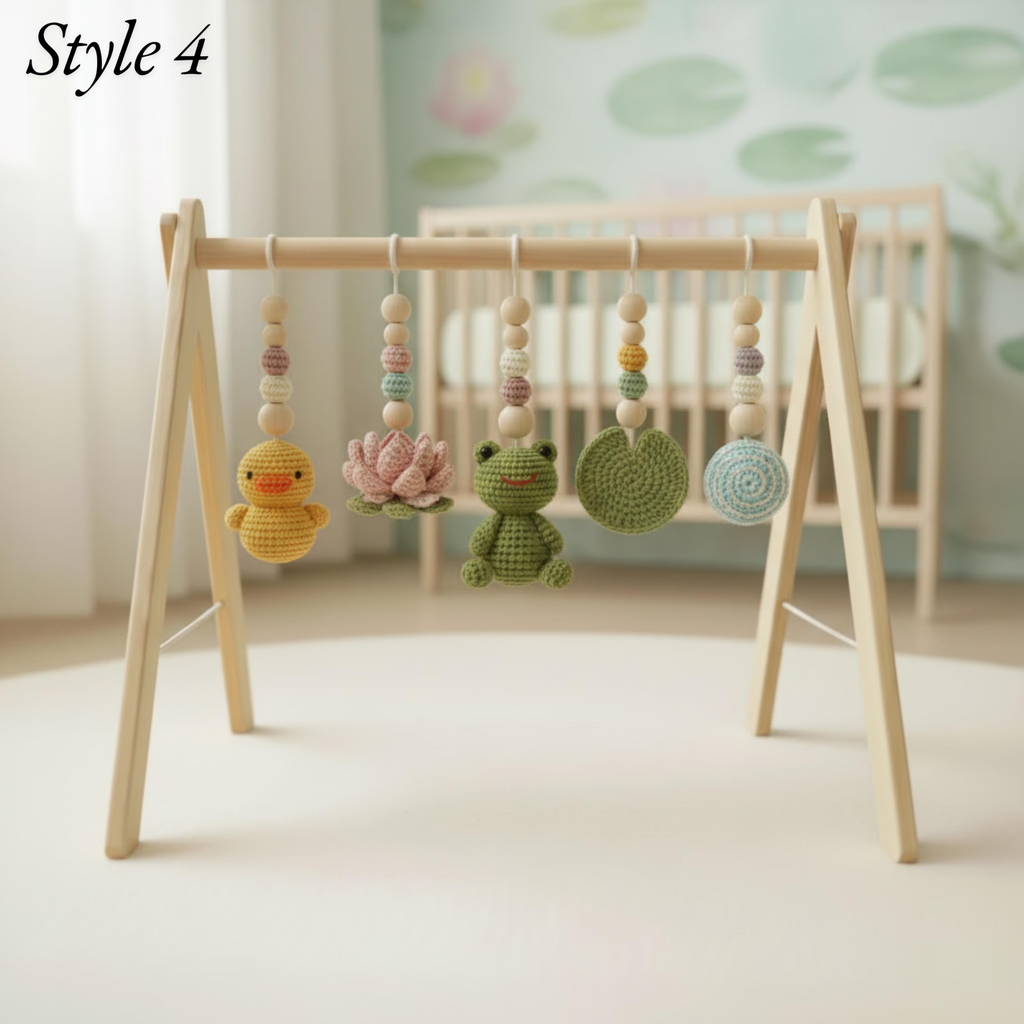 Montessori Baby Gym Duck Pond Theme, Wooden Baby Play Gym with Crochet Duck Frog Lotus Swan Lily Pad, Nature Nursery Decor Baby Gift