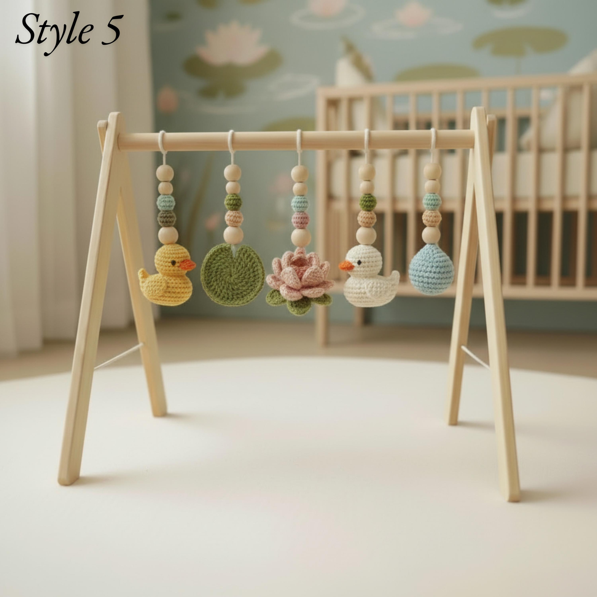 Montessori Baby Gym Duck Pond Theme, Wooden Baby Play Gym with Crochet Duck Frog Lotus Swan Lily Pad, Nature Nursery Decor Baby Gift