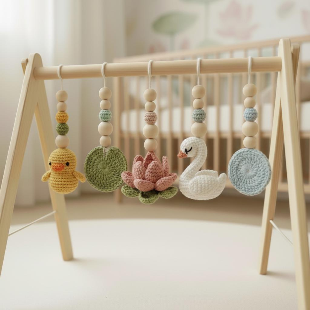 Montessori Baby Gym Duck Pond Theme, Wooden Baby Play Gym with Crochet Duck Frog Lotus Swan Lily Pad, Nature Nursery Decor Baby Gift